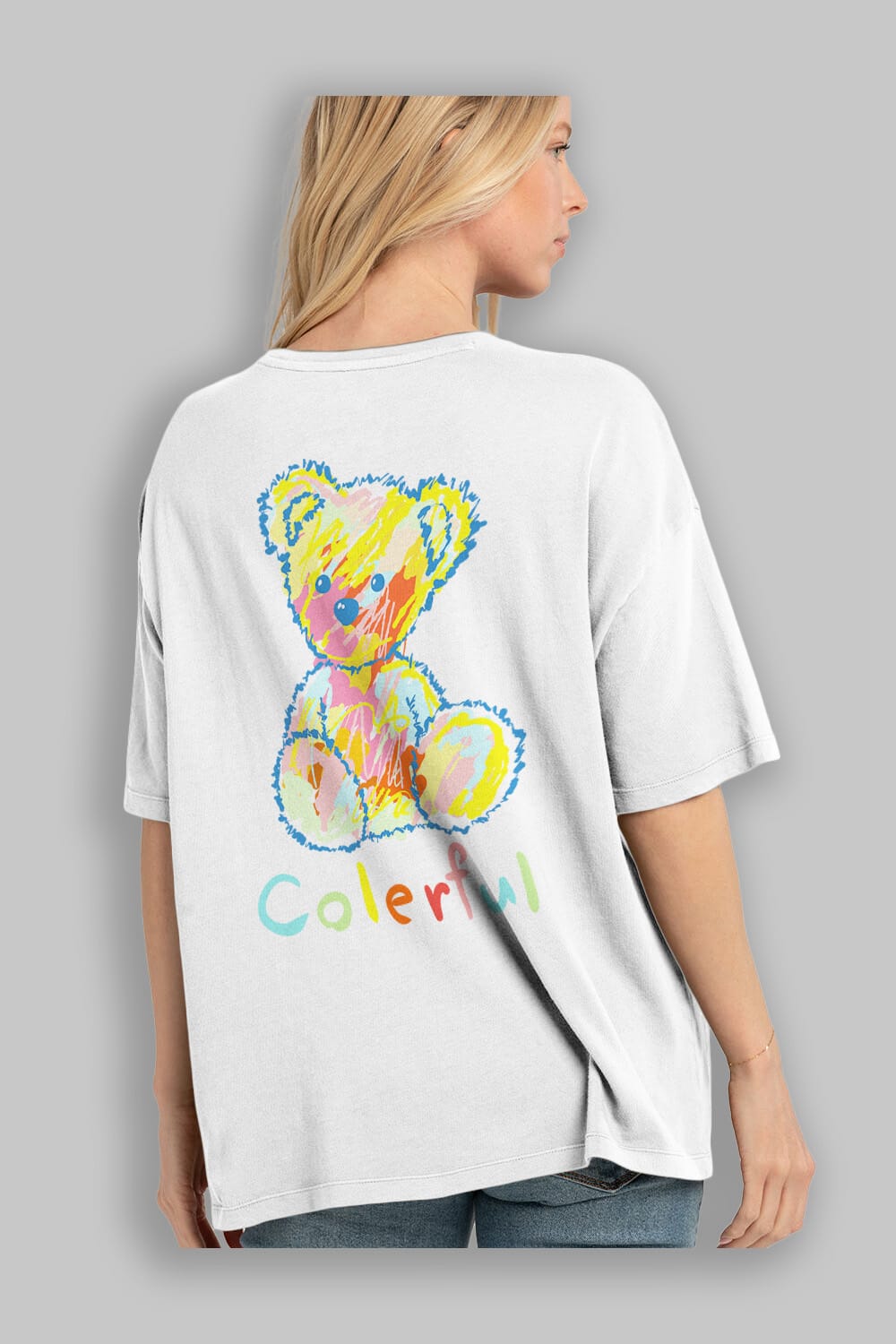 Colerful Bear Arka Baskılı Oversize t-shirt Erkek Kadın Unisex