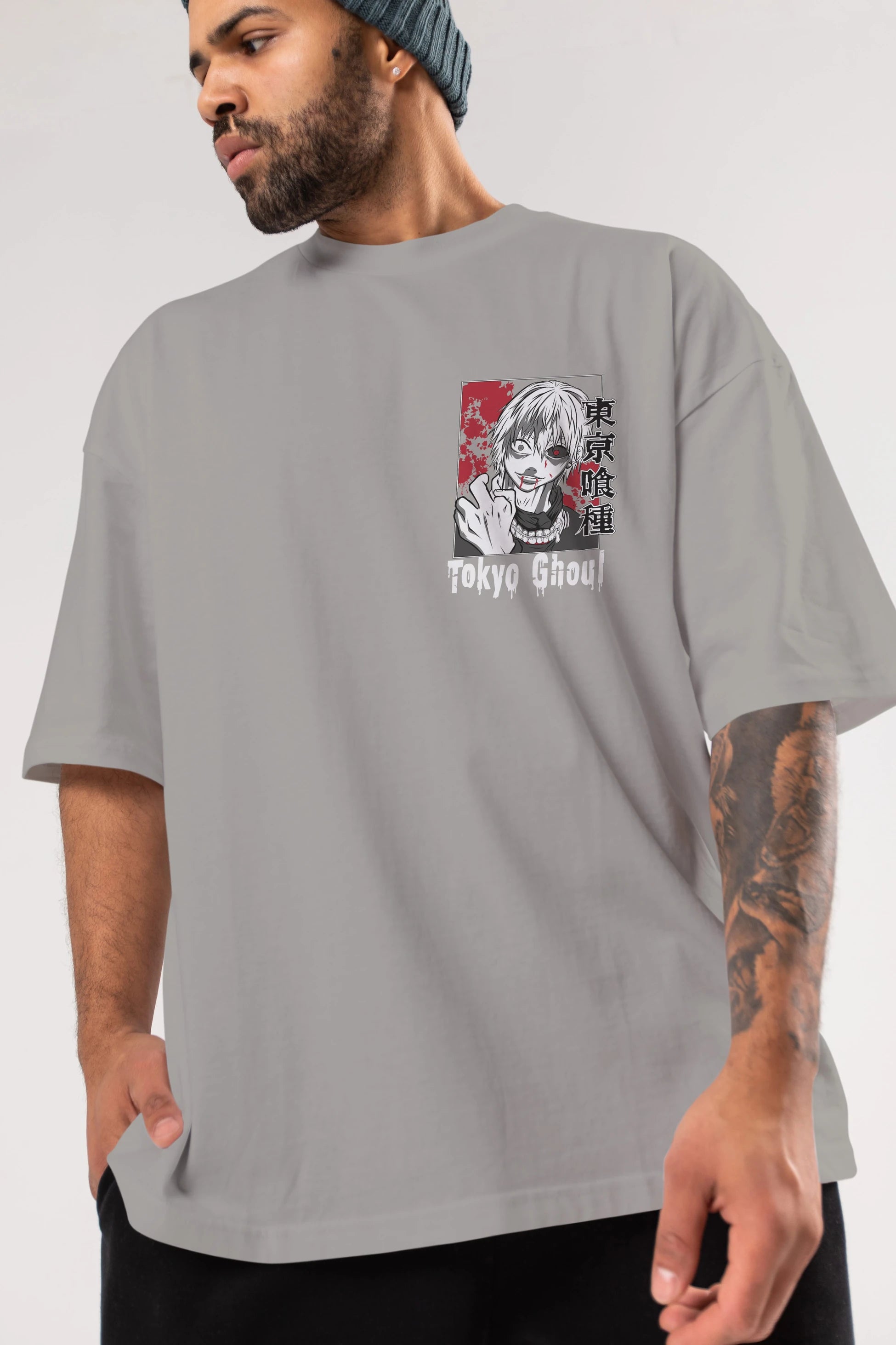 Kaneki Ken TOKYO GHOUL Ön Sol Baskılı Oversize t-shirt Erkek Kadın Unisex %100 Pamuk Bisiklet Yaka tişort