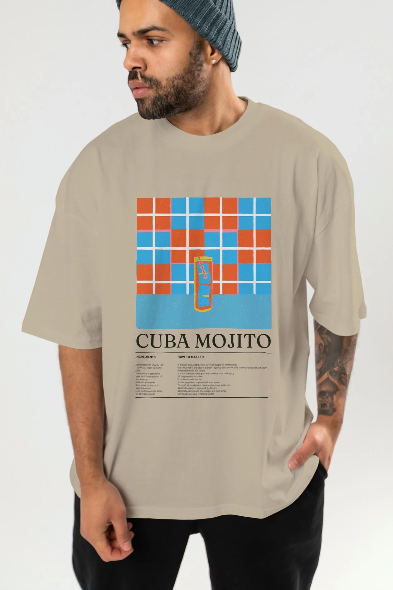 Cuba Mojito Kokteyl Ön Baskılı Oversize t-shirt Erkek Kadın %100 Pamuk Bisiklet Yaka tişort