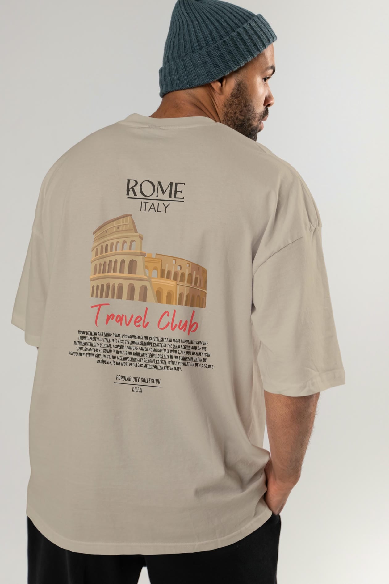 Roma İtaly Arka Baskılı Oversize t-shirt Erkek Kadın Pamuk Bisiklet Yaka tişort