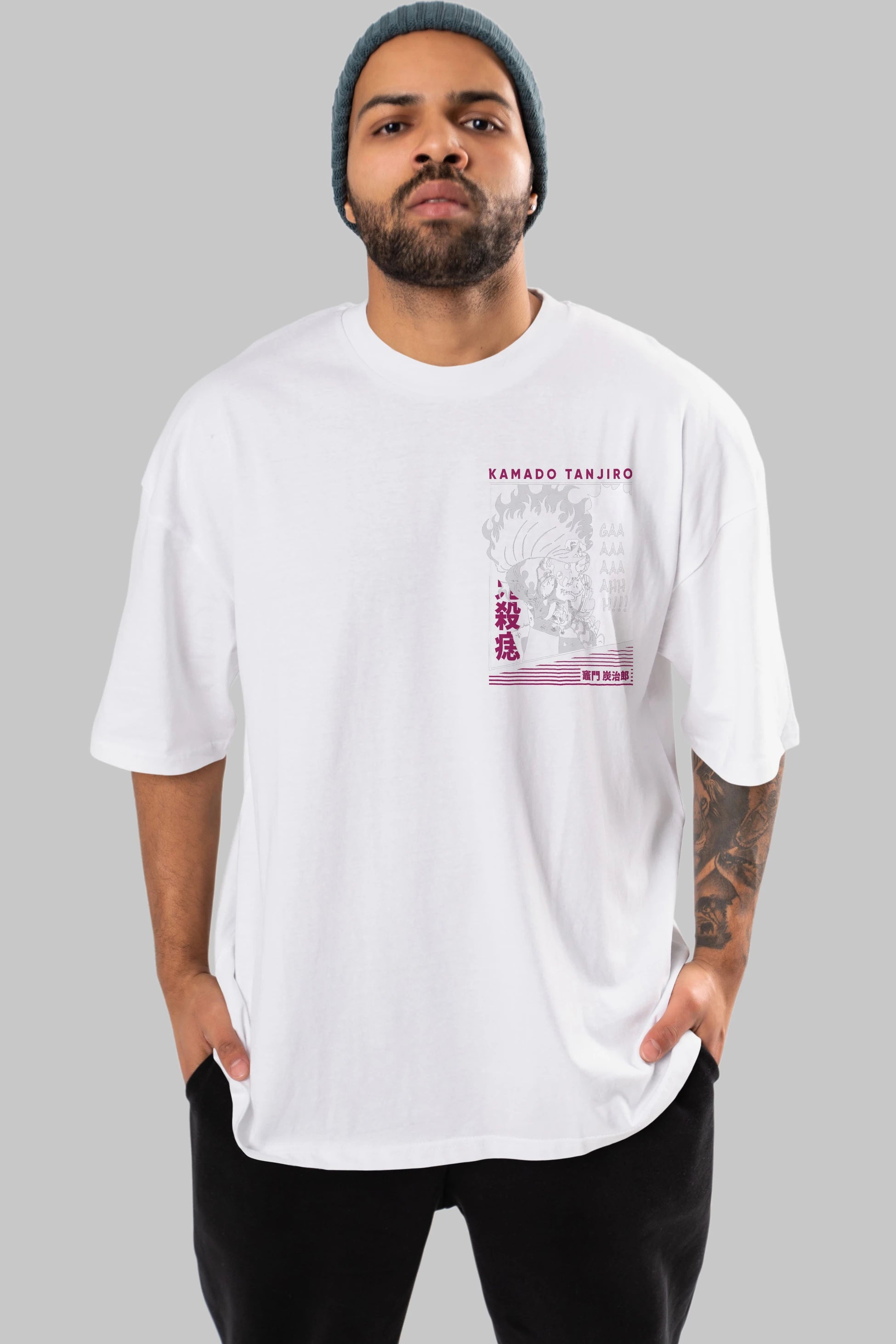 TANJIRO KAMADO 3 Ön Sol Baskılı Oversize t-shirt Erkek Kadın Unisex %100 Pamuk Bisiklet Yaka tişort