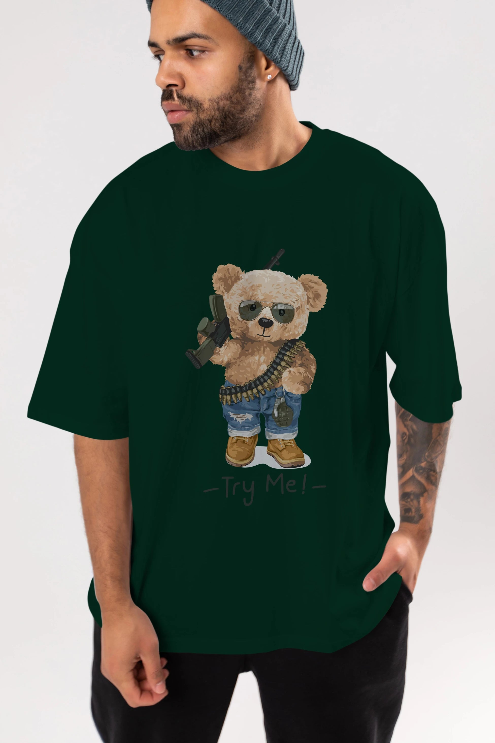 Teddy Bear Try Me Ön Baskılı Oversize t-shirt Erkek Kadın Unisex %100 Pamuk