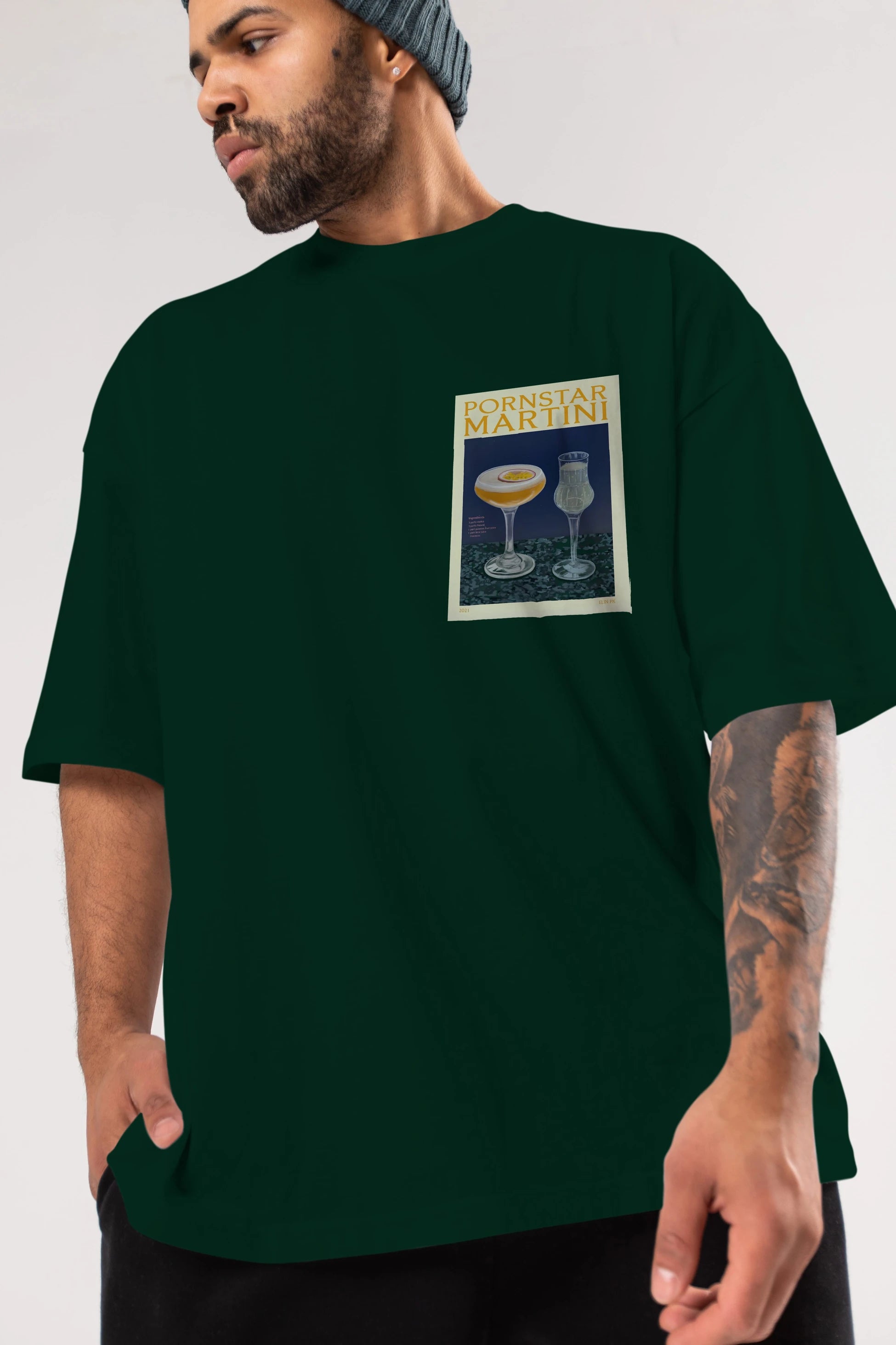 P.rnstar Martini Ön Sol Baskılı Oversize t-shirt Erkek Kadın Unisex %100 Pamuk Bisiklet Yaka tişort