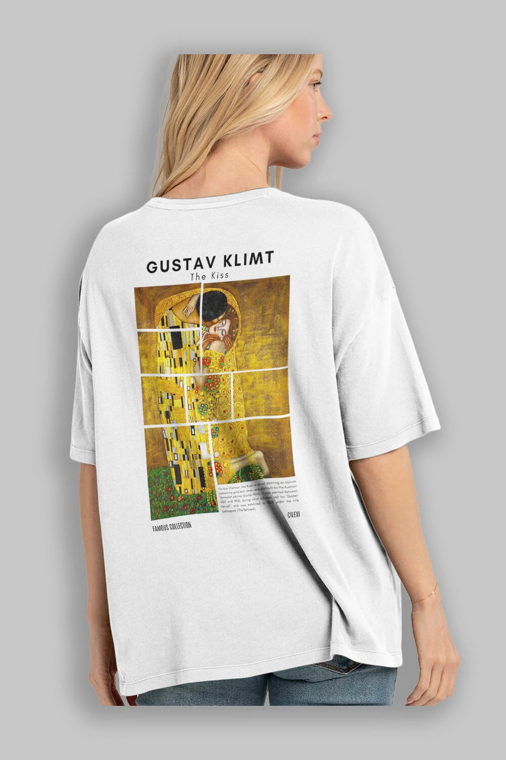 Gustav Klimt The Kiss Arka Baskılı Oversize t-shirt Erkek Kadın Bisiklet Yaka Pamuk tişort