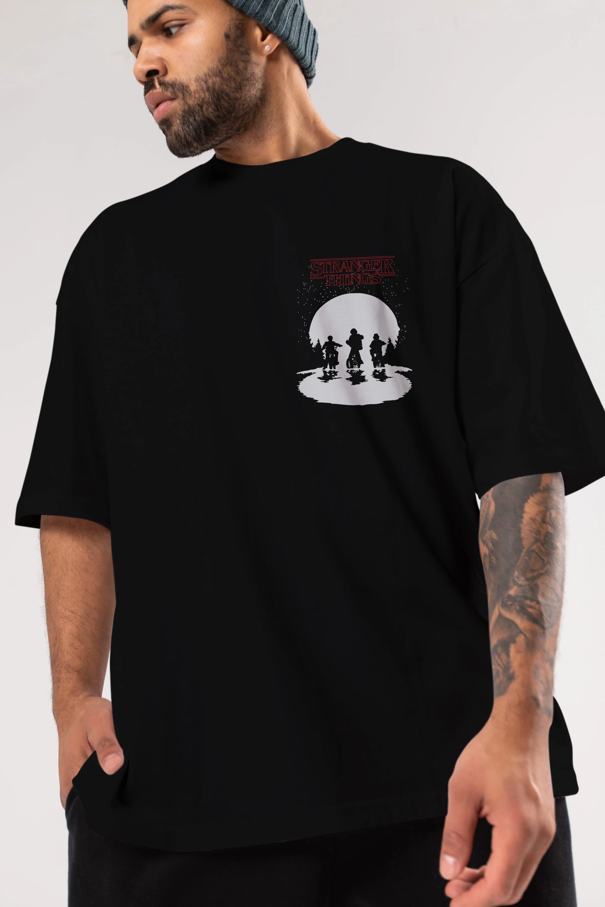 Stranger Things Ön Sol Baskılı Oversize t-shirt Erkek Kadın Unisex %100 Pamuk Bisiklet Yaka tişort