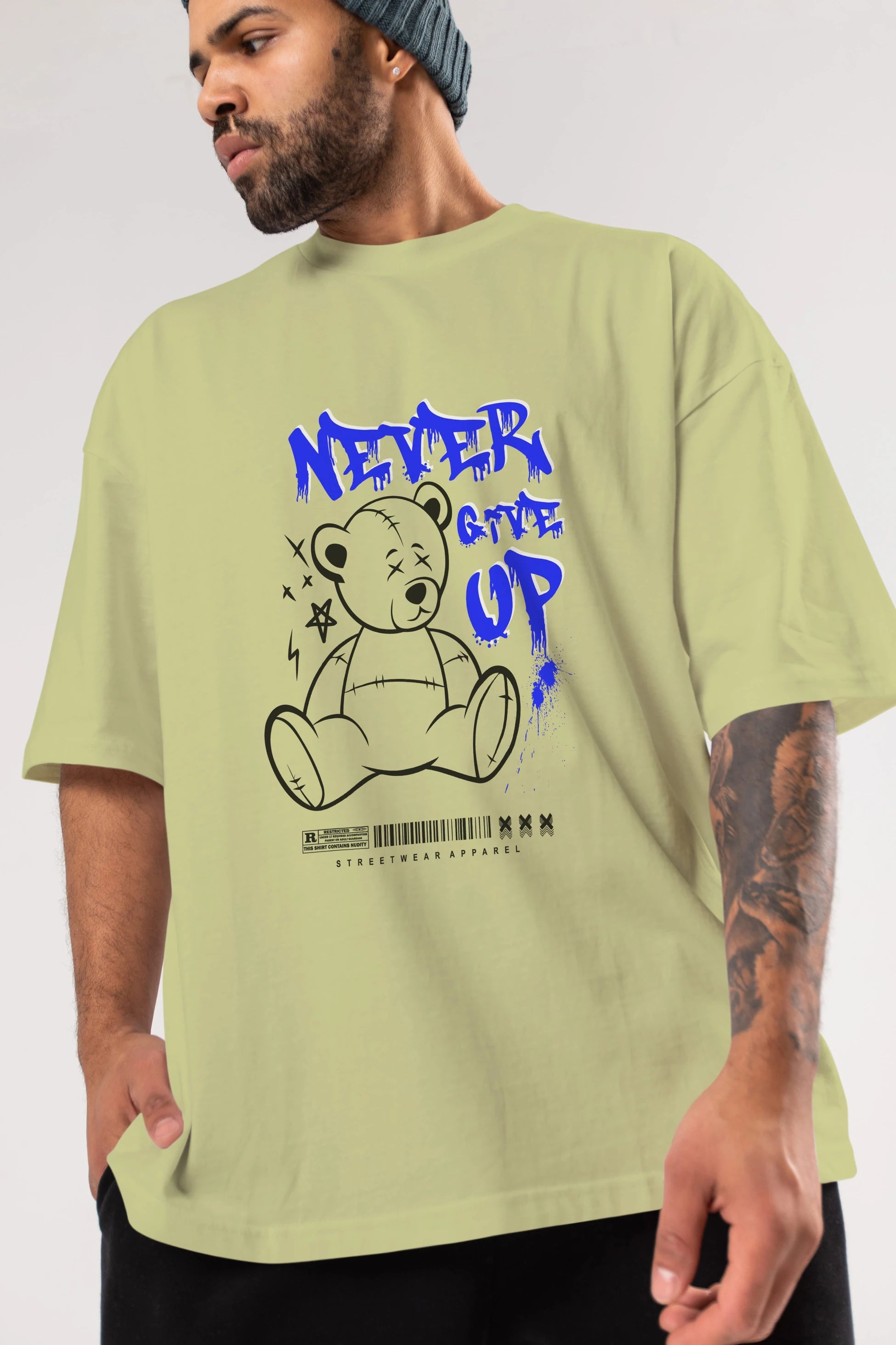 Teddy Bear Never Give Up Ön Baskılı Oversize t-shirt Erkek Kadın Unisex