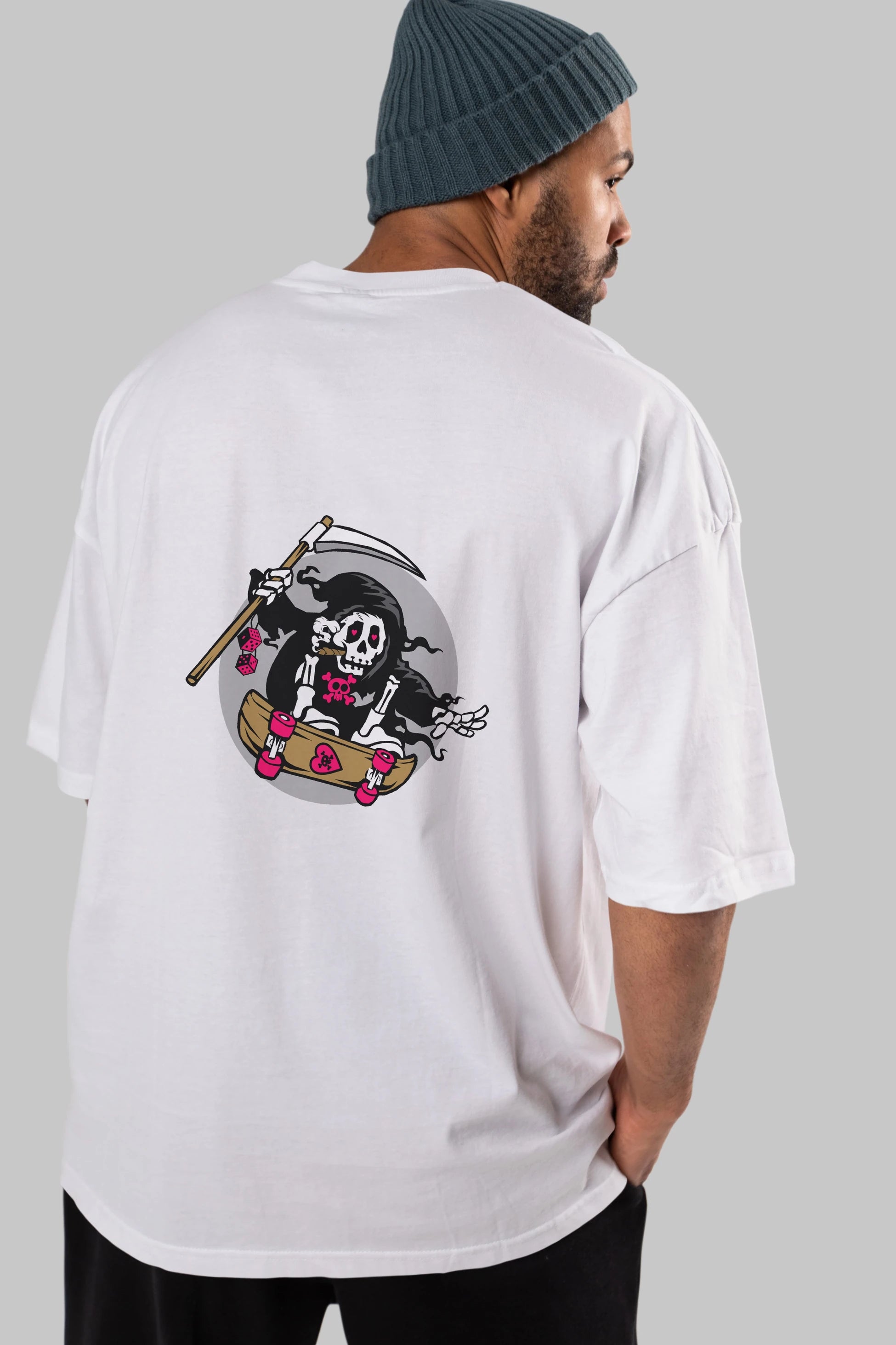 Grim Skater Arka Baskılı Oversize t-shirt Erkek Kadın Unisex %100 Pamuk tişort