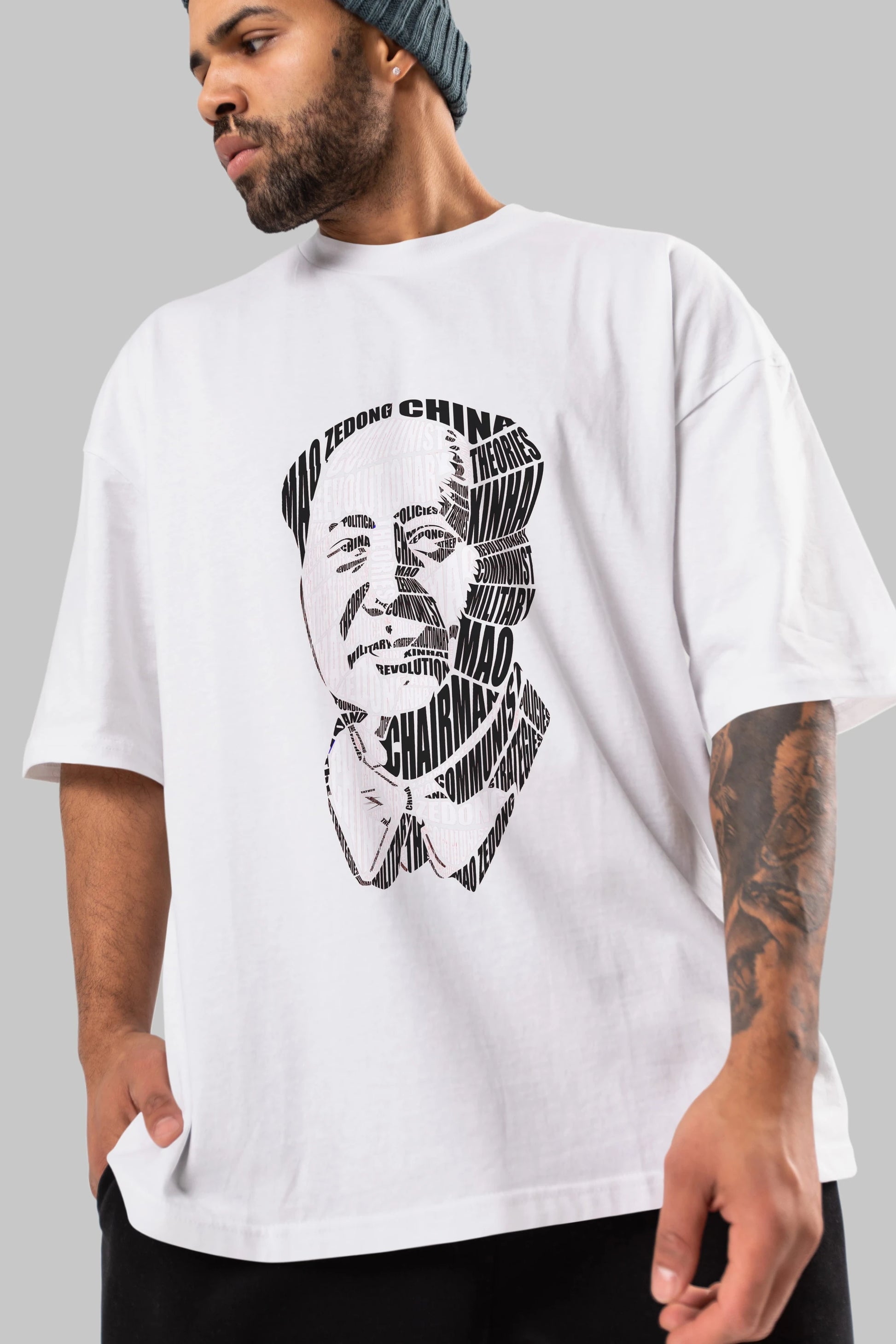 Mao Zedong Calligram Ön Baskılı Oversize t-shirt %100 pamuk Erkek Kadın Unisex
