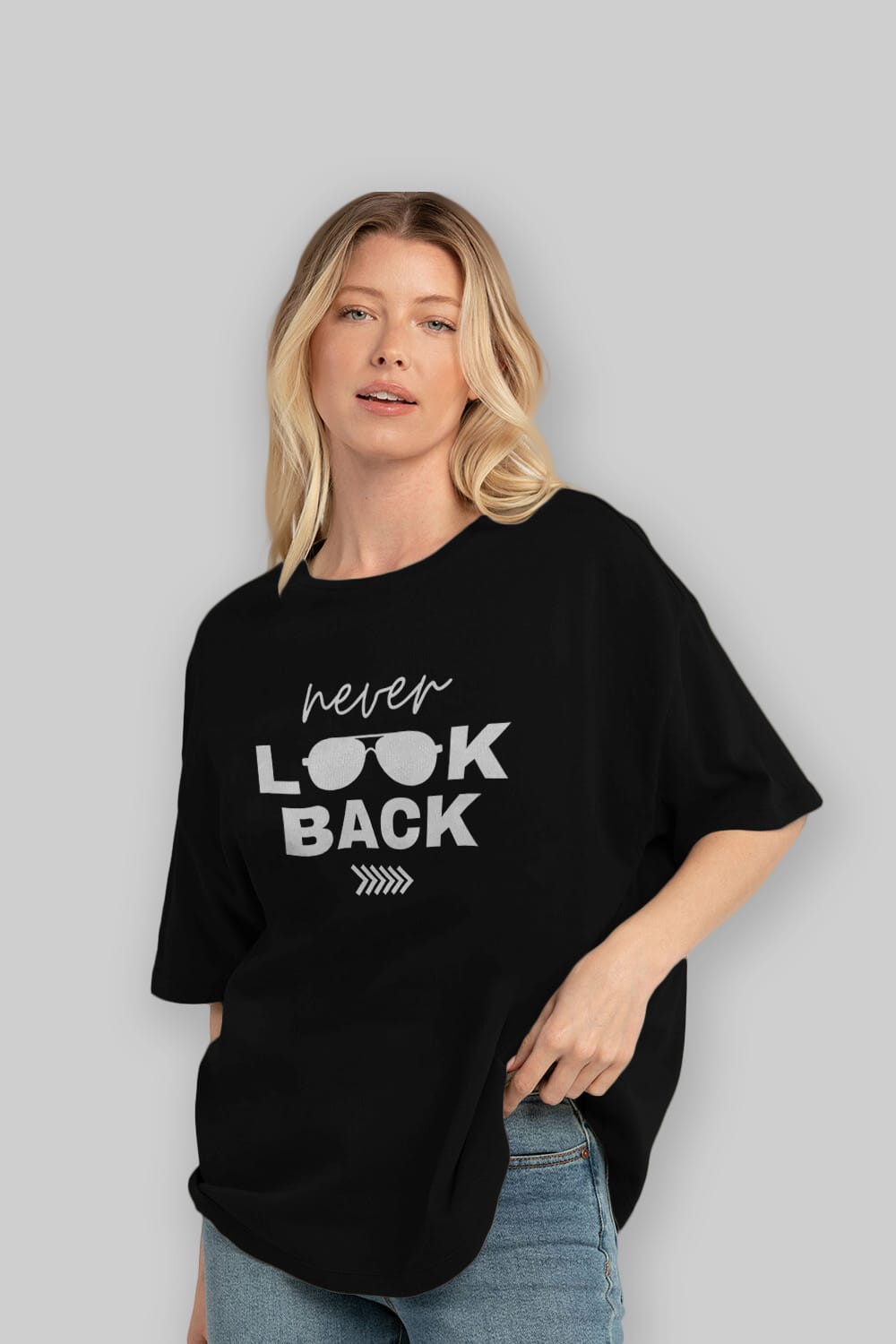 Never Look Back Yazılı Ön Baskılı Oversize t-shirt Erkek Kadın Unisex
