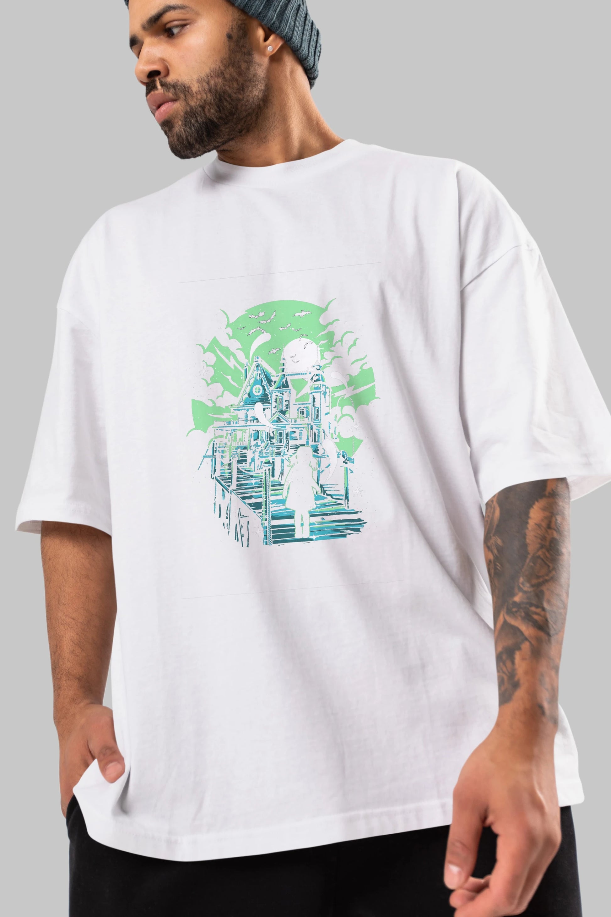 Haunted House Ön Baskılı Oversize t-shirt Erkek Kadın Unisex %100 Pamuk tişort