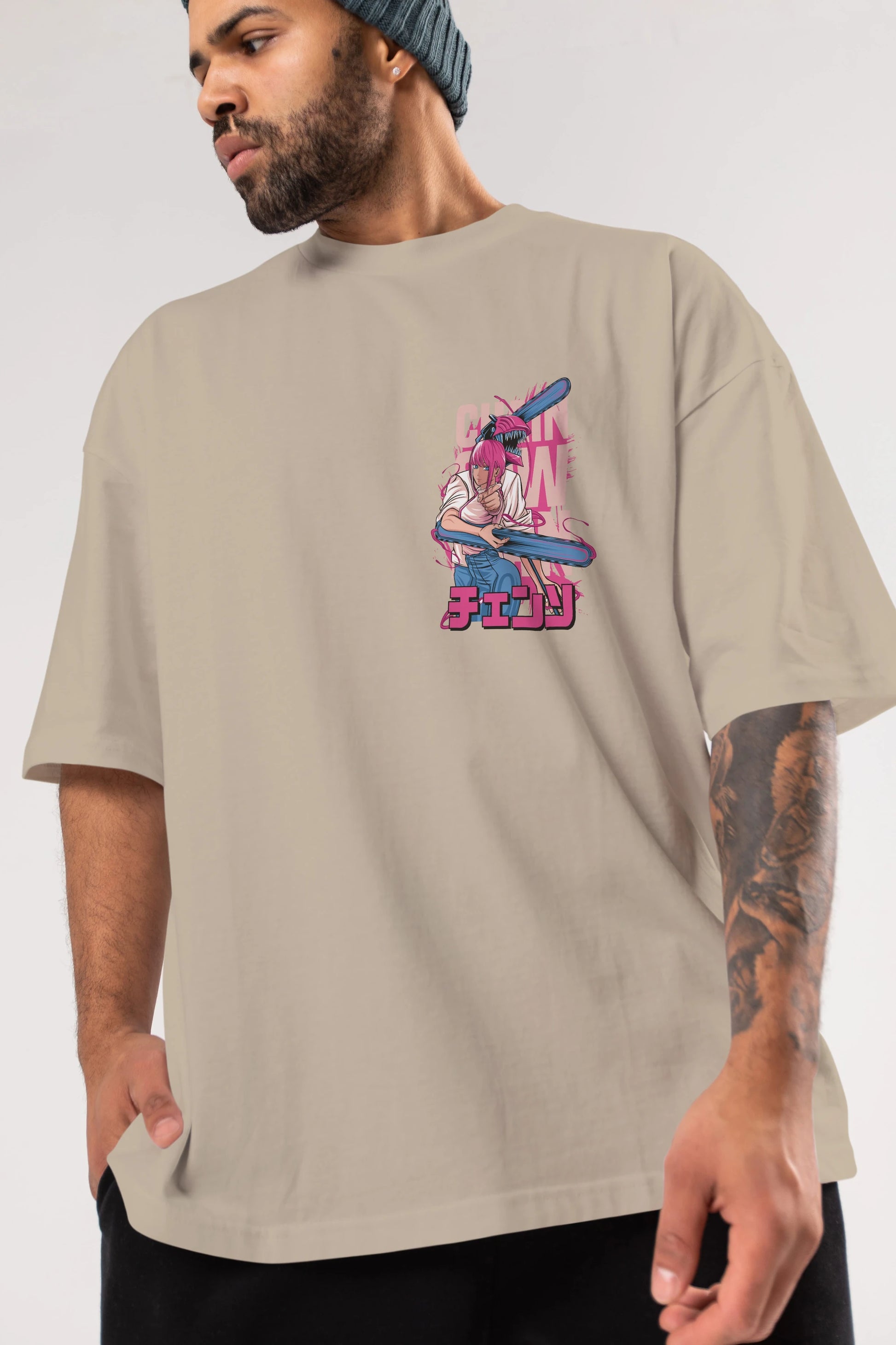 DENJI and MAKIMA Ön Sol Baskılı Oversize t-shirt Erkek Kadın Unisex %100 Pamuk Bisiklet Yaka tişort