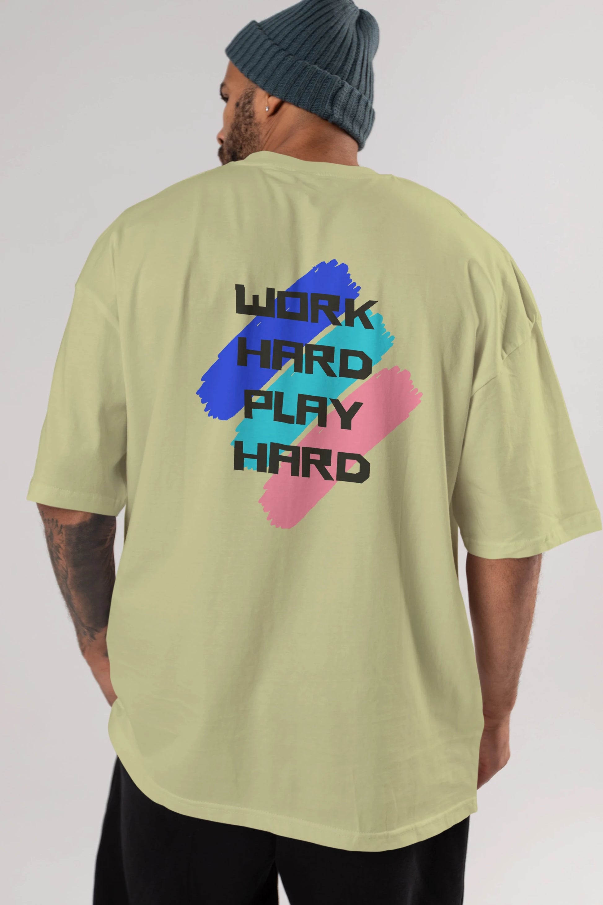 Work Hard Play Hard 2 Arka Baskılı Oversize t-shirt Erkek Kadın Unisex