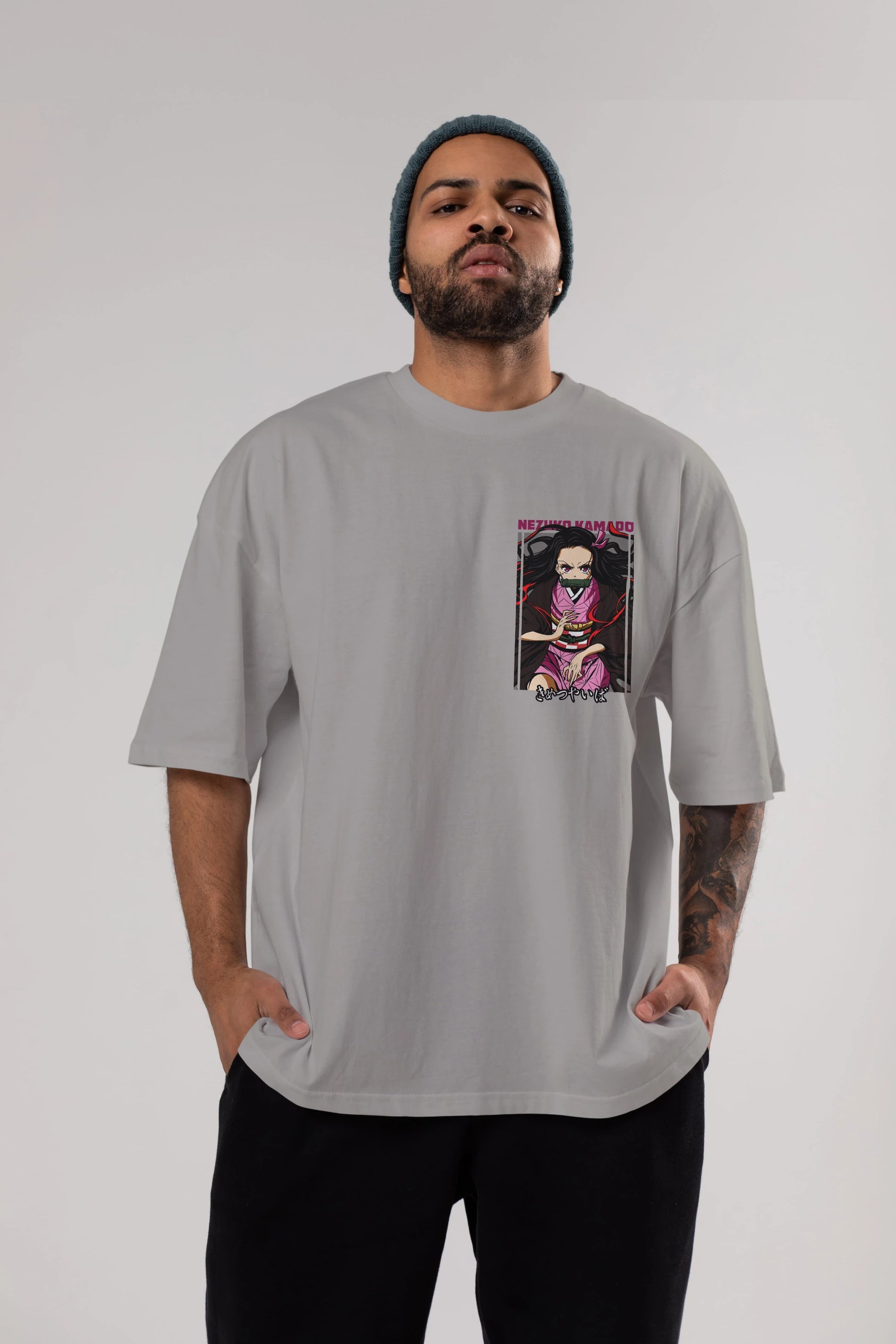 Nezuko Kamado 1 Ön Sol Baskılı Oversize t-shirt Erkek Kadın Unisex %100 Pamuk Bisiklet Yaka tişort