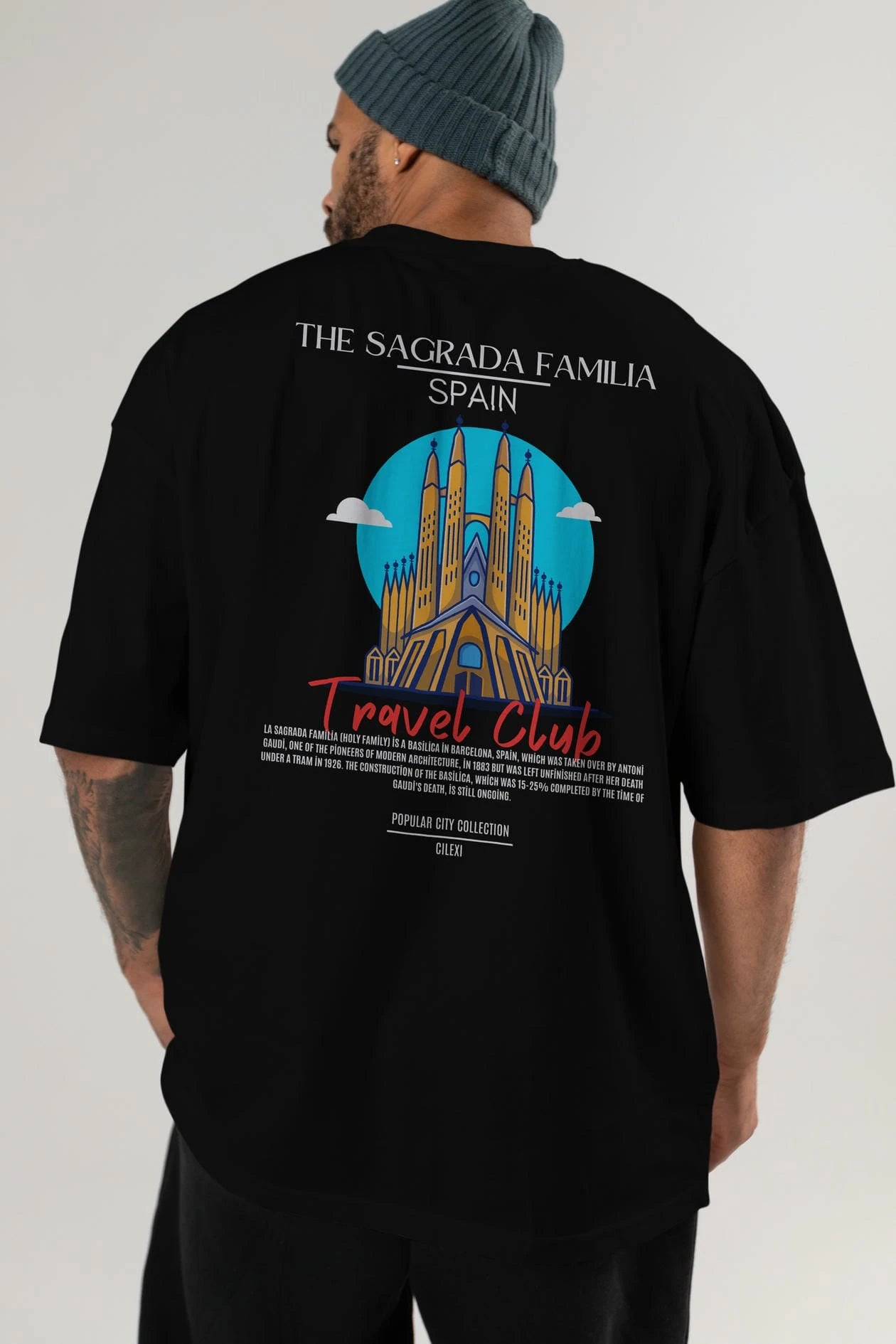 The Sagrada Familia Spain Arka Baskılı Oversize t-shirt Erkek Kadın Pamuk Bisiklet Yaka tişort