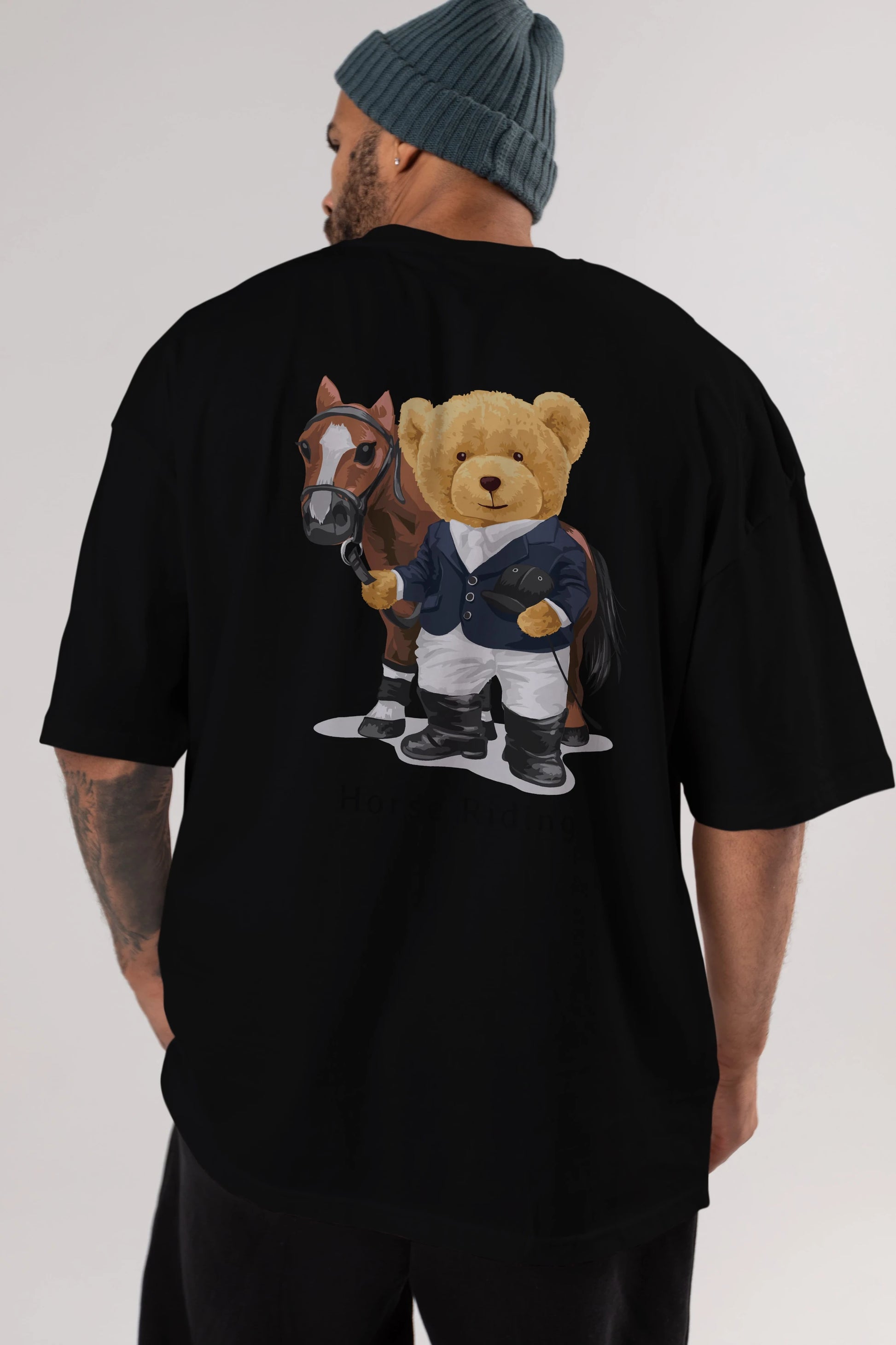 Teddy Bear Horse Riding Arka Baskılı Oversize t-shirt Erkek Kadın Unisex %100 Pamuk