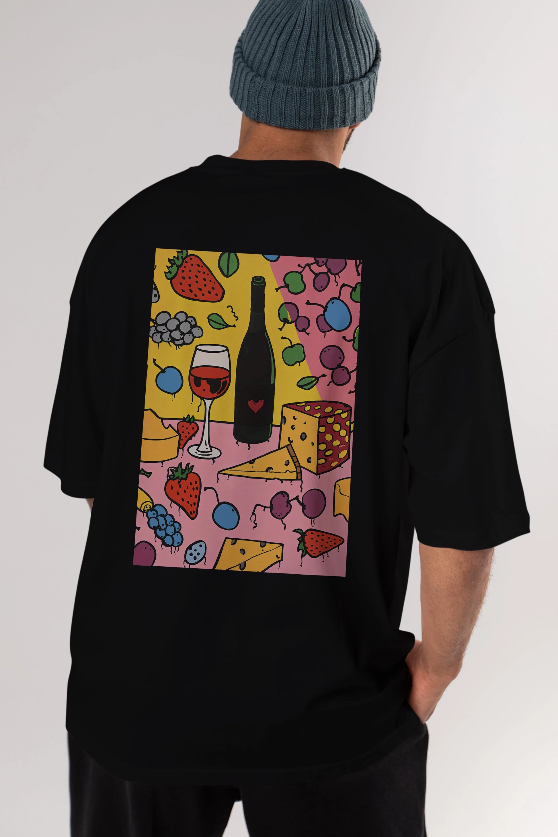 Wine Cheese Fruits Arka Baskılı Oversize t-shirt Erkek Kadın Unisex %100 Pamuk Bisiklet Yaka tişort