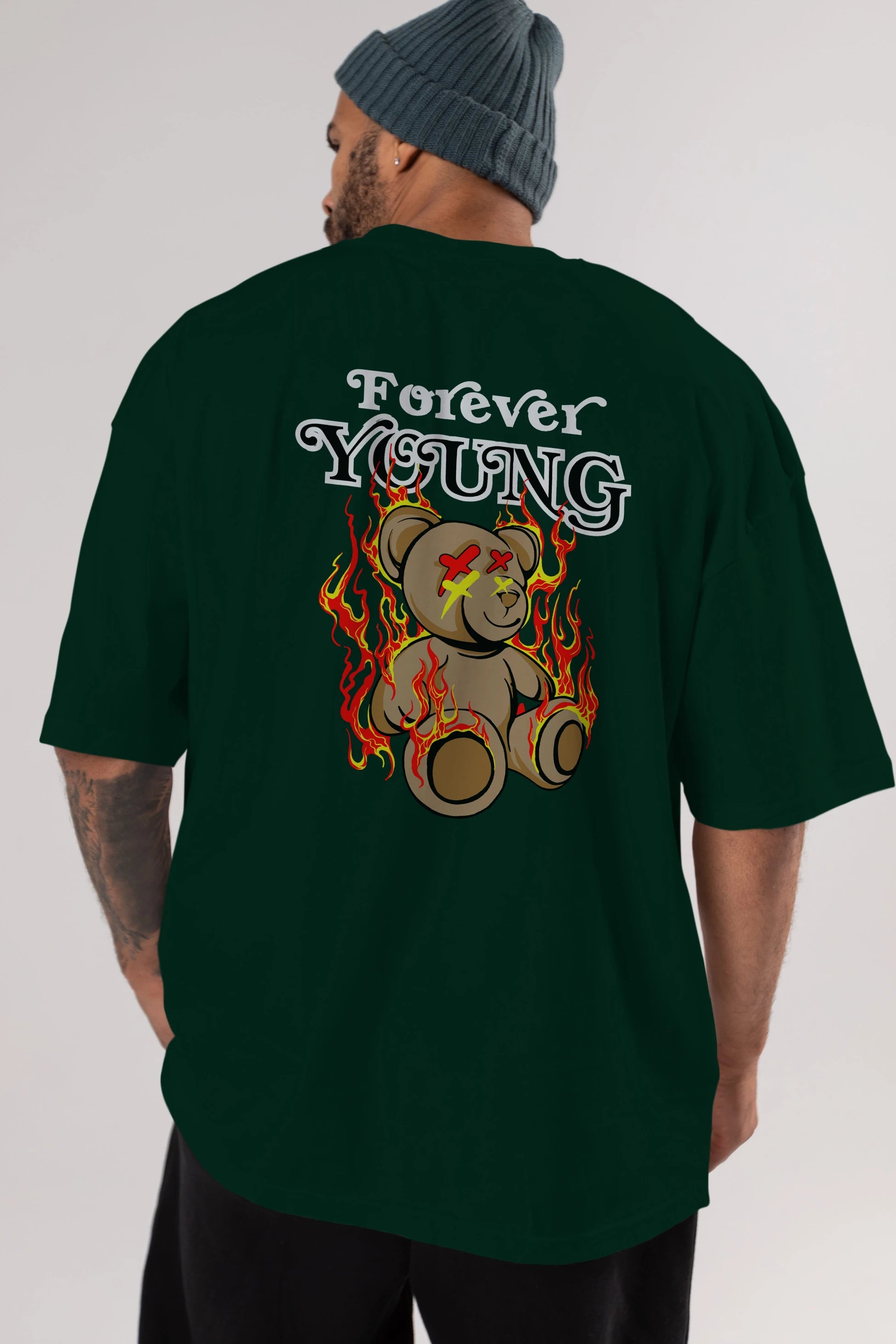 Forever Young Bear Arka Baskılı Oversize t-shirt Erkek Kadın Unisex