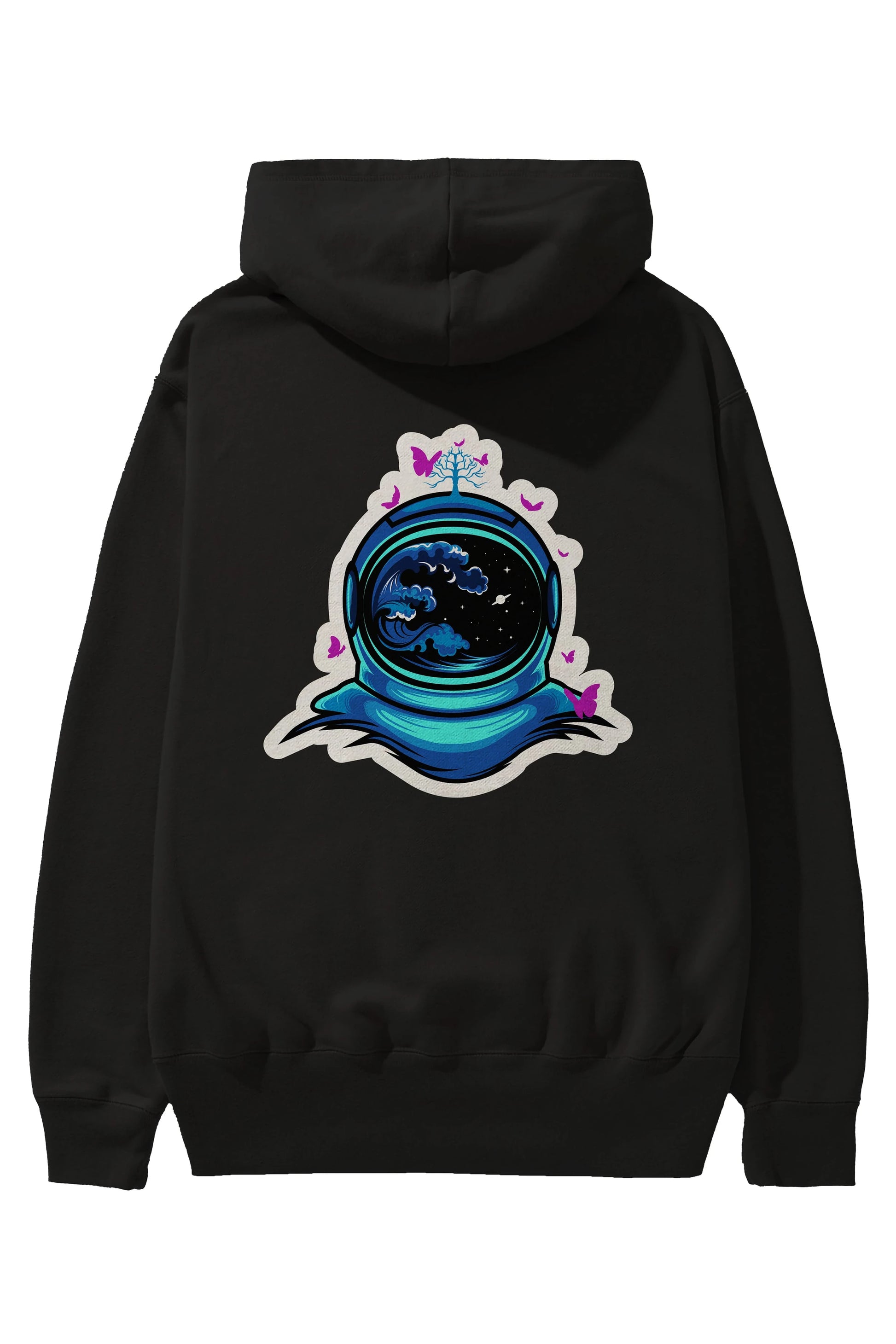 Astronaut and Butterfly Sticker Arka Baskılı Hoodie Oversize Kapüşonlu Sweatshirt Erkek Kadın Unisex