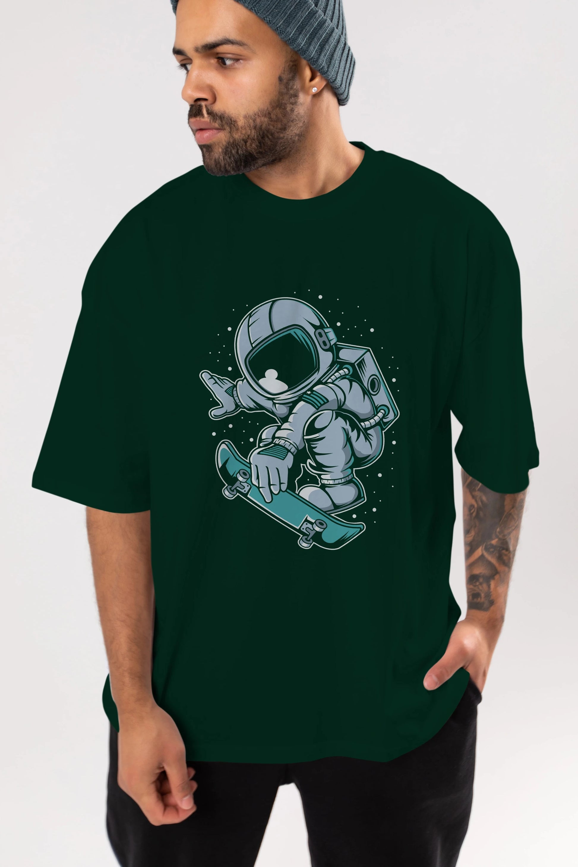 Astronaut Skateboard Jump Ön Baskılı Oversize t-shirt Erkek Kadın Unisex