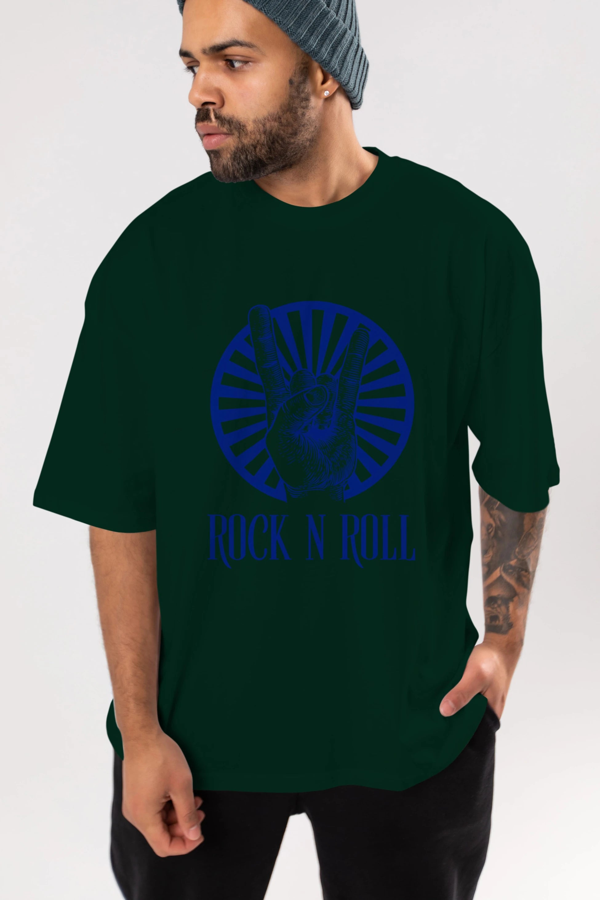 Rock N Roll Yazılı Ön Baskılı Oversize t-shirt Erkek Kadın Unisex