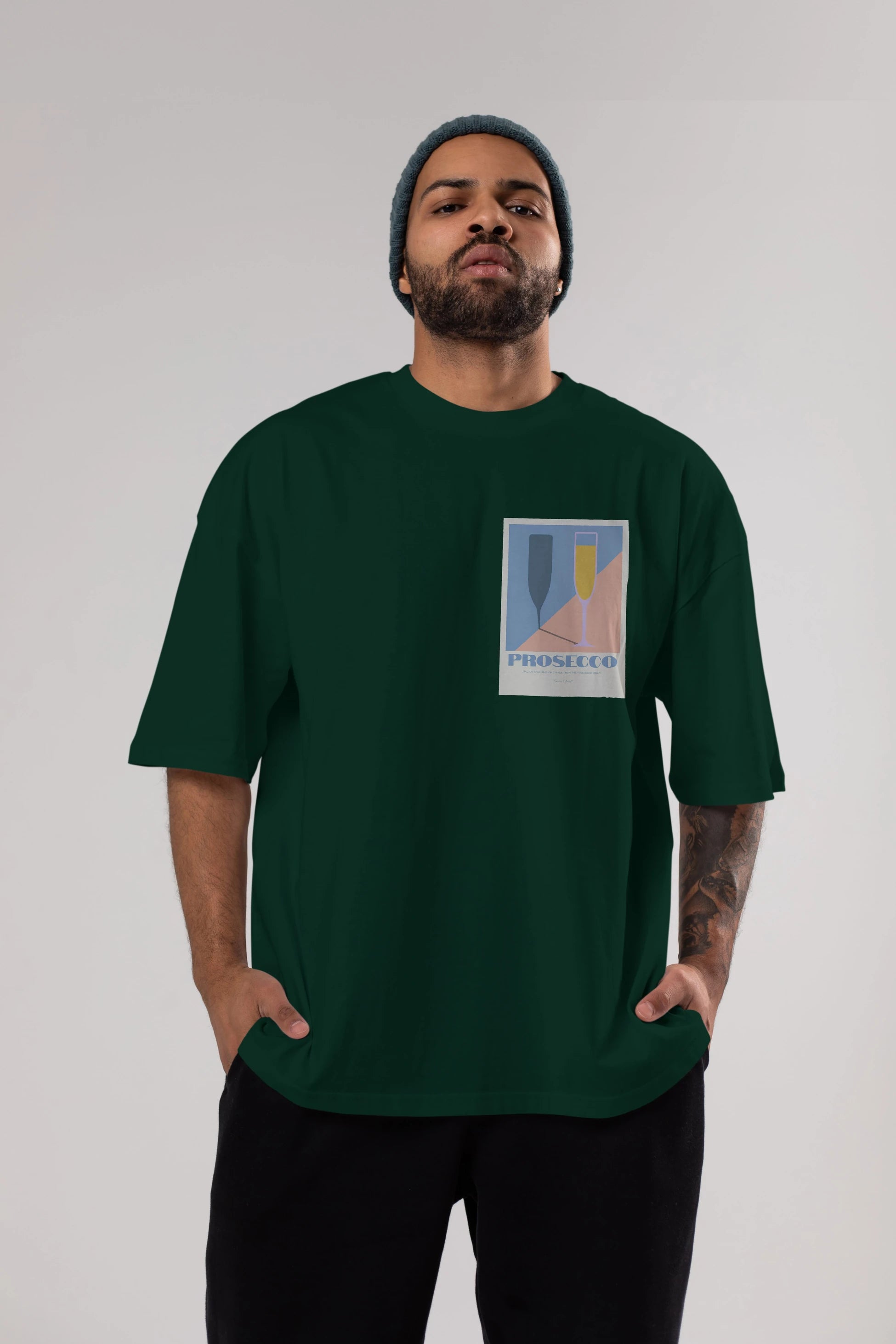Prosecco Ön Sol Baskılı Oversize t-shirt Erkek Kadın Unisex %100 Pamuk Bisiklet Yaka tişort