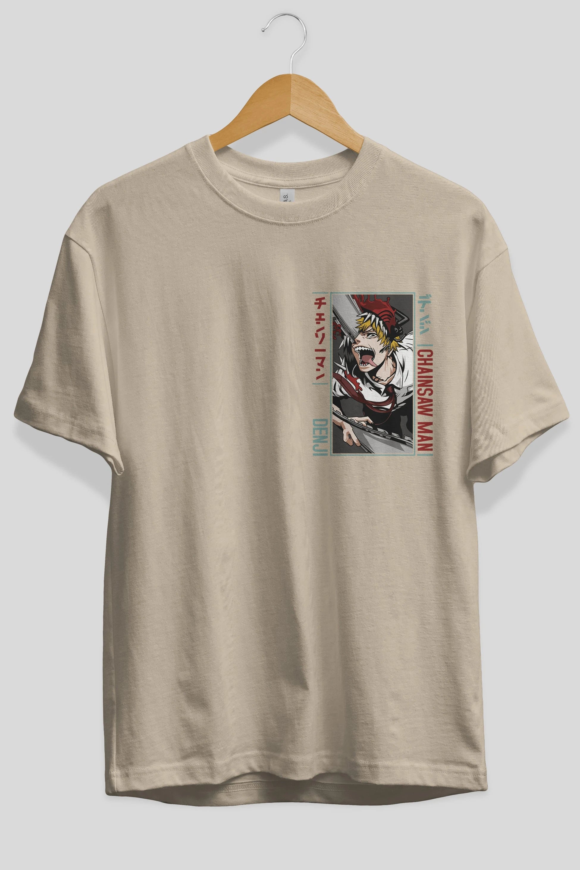 Denji Chainsaw Man Ön Sol Baskılı Oversize t-shirt Erkek Kadın Unisex %100 Pamuk Bisiklet Yaka tişort