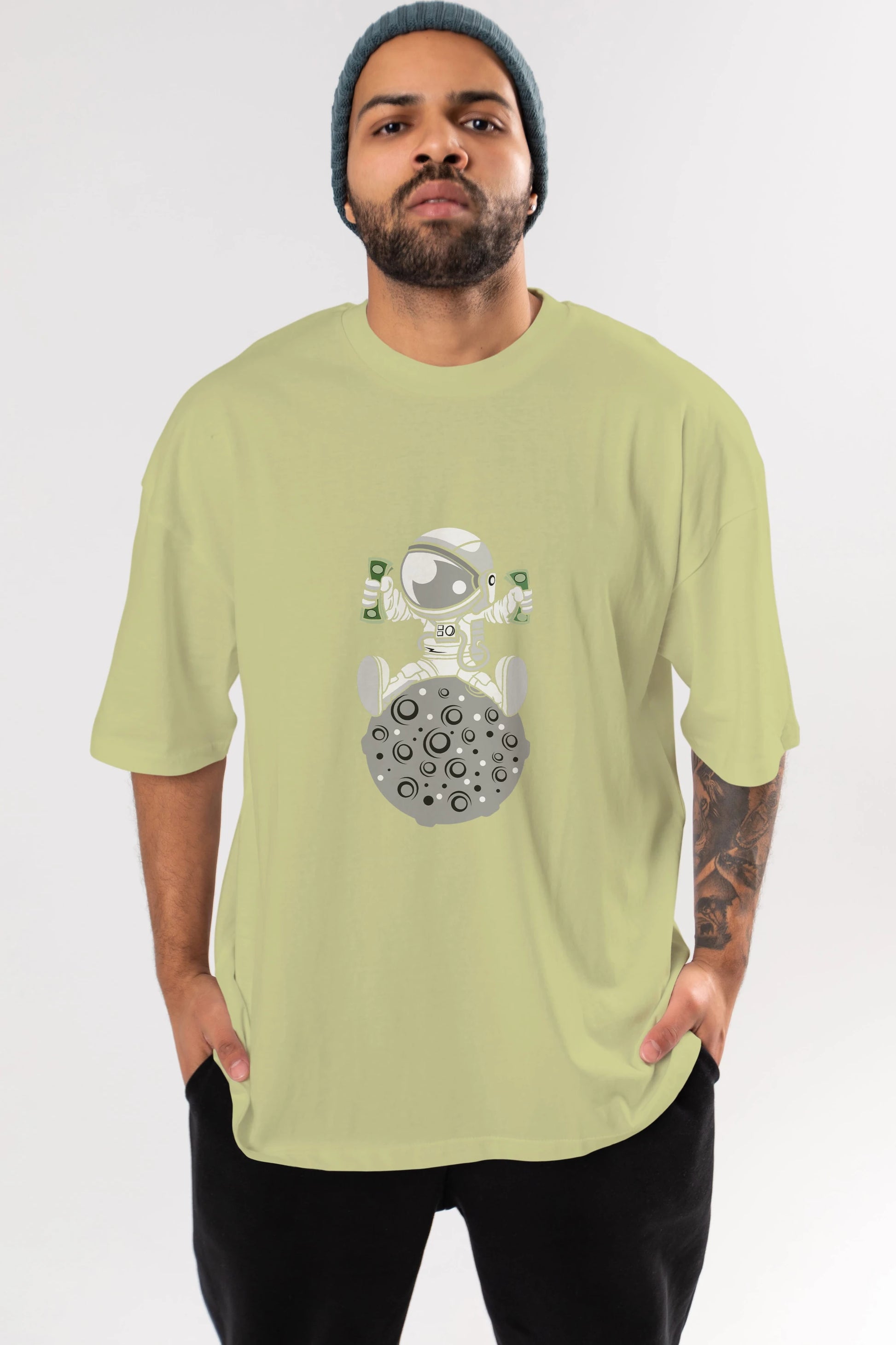 Astronaut Dollar Ön Baskılı Oversize t-shirt Erkek Kadın Unisex %100 Pamuk tişort