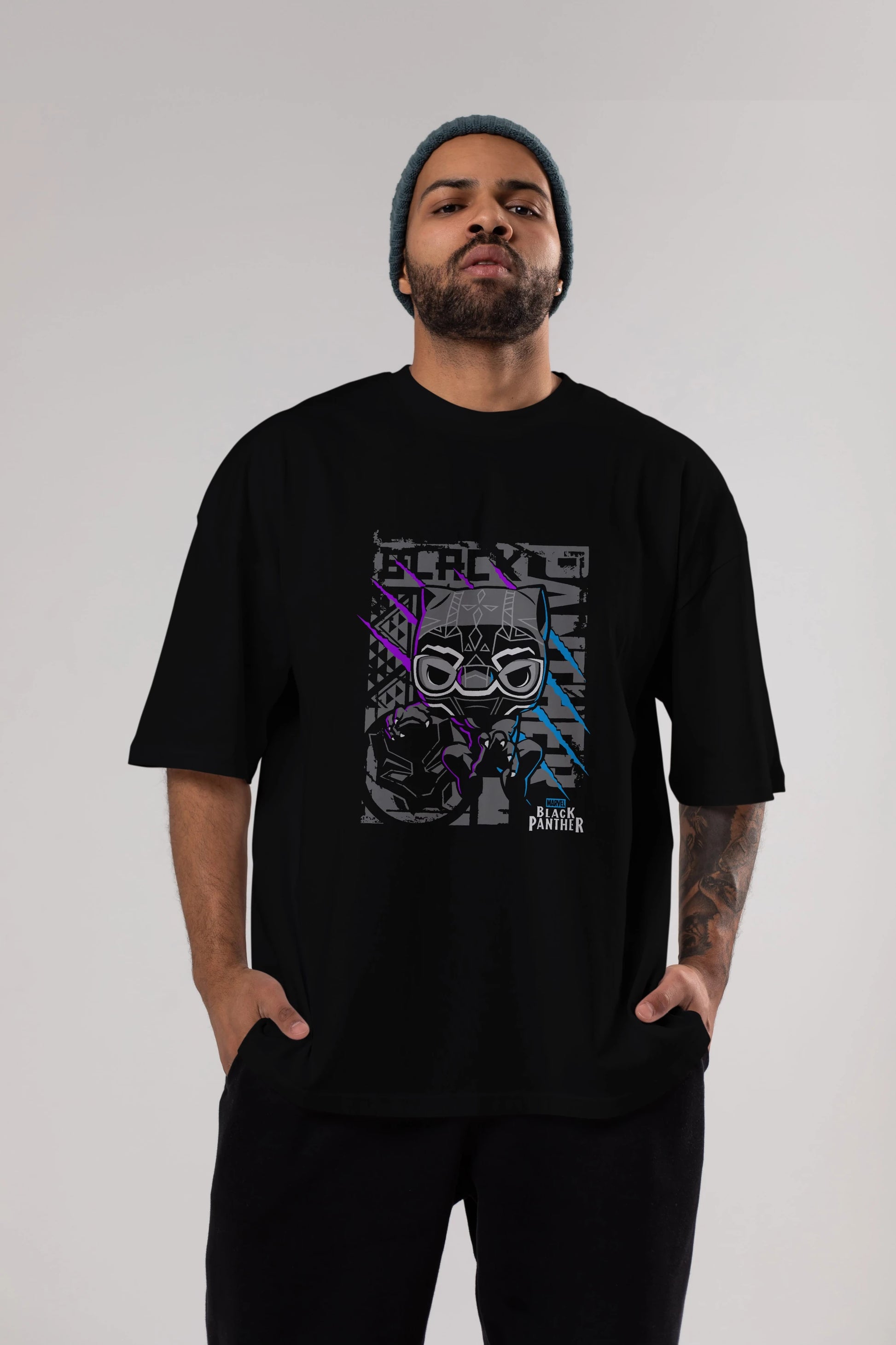 Black Panther Ön Baskılı Oversize t-shirt Erkek Kadın Unisex %100 Pamuk Bisiklet Yaka tişort