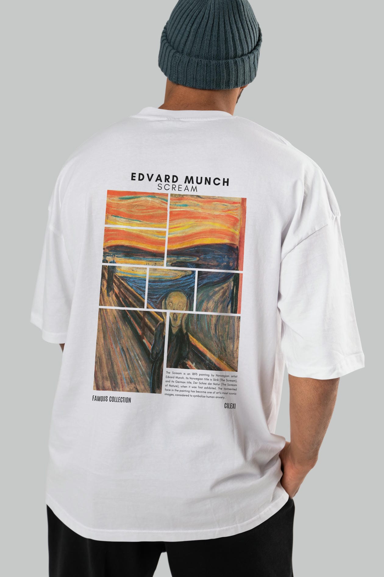 Edvard Munch Scream Arka Baskılı Oversize t-shirt Erkek Kadın Bisiklet Yaka Pamuk tişort