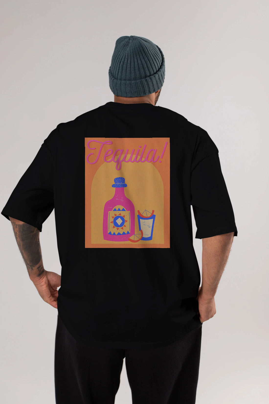 Tequila Arka Baskılı Oversize t-shirt Erkek Kadın Unisex %100 Pamuk Bisiklet Yaka tişort