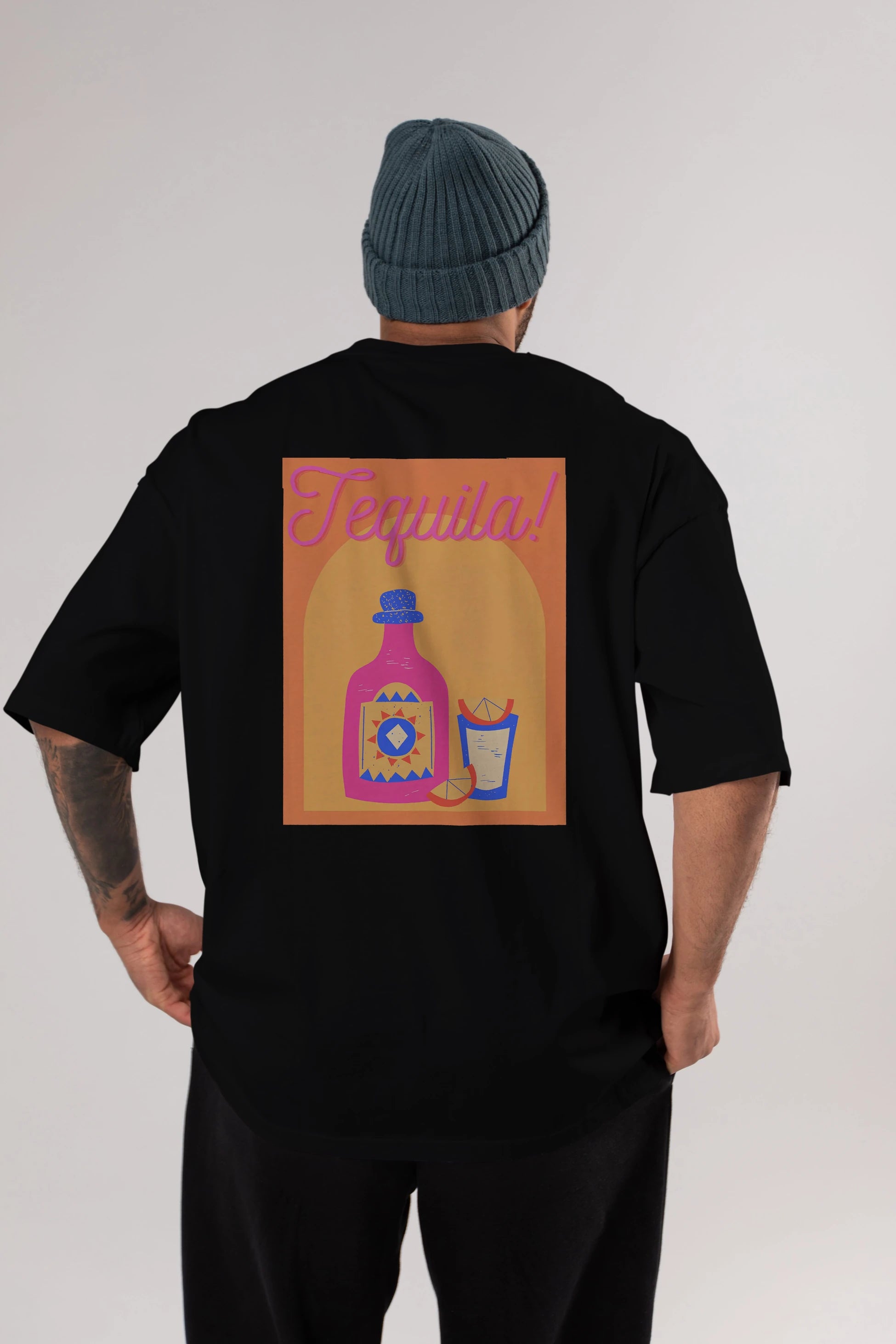 Tequila Arka Baskılı Oversize t-shirt Erkek Kadın Unisex %100 Pamuk Bisiklet Yaka tişort