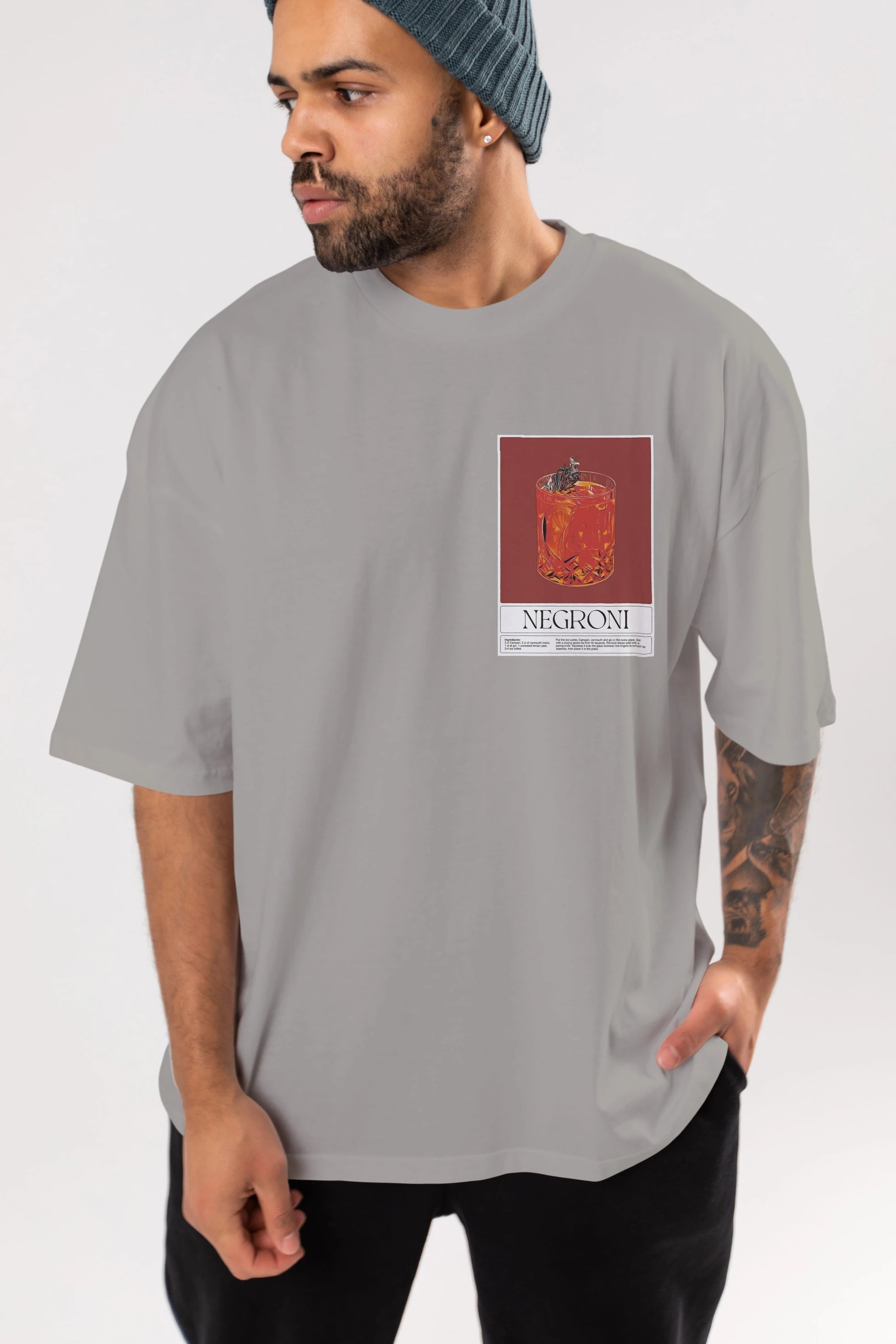 Negroni 2 Ön Sol Baskılı Oversize t-shirt Erkek Kadın Unisex %100 Pamuk Bisiklet Yaka tişort