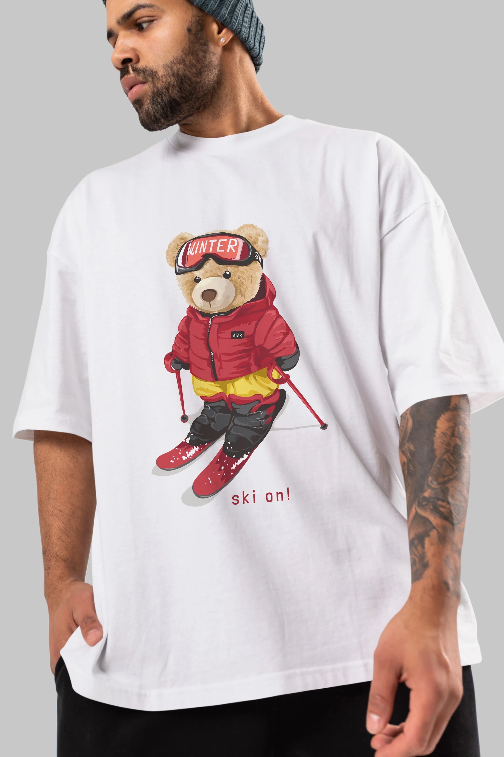 Teddy Bear Ski On Ön Baskılı Oversize t-shirt Erkek Kadın Unisex %100 Pamuk