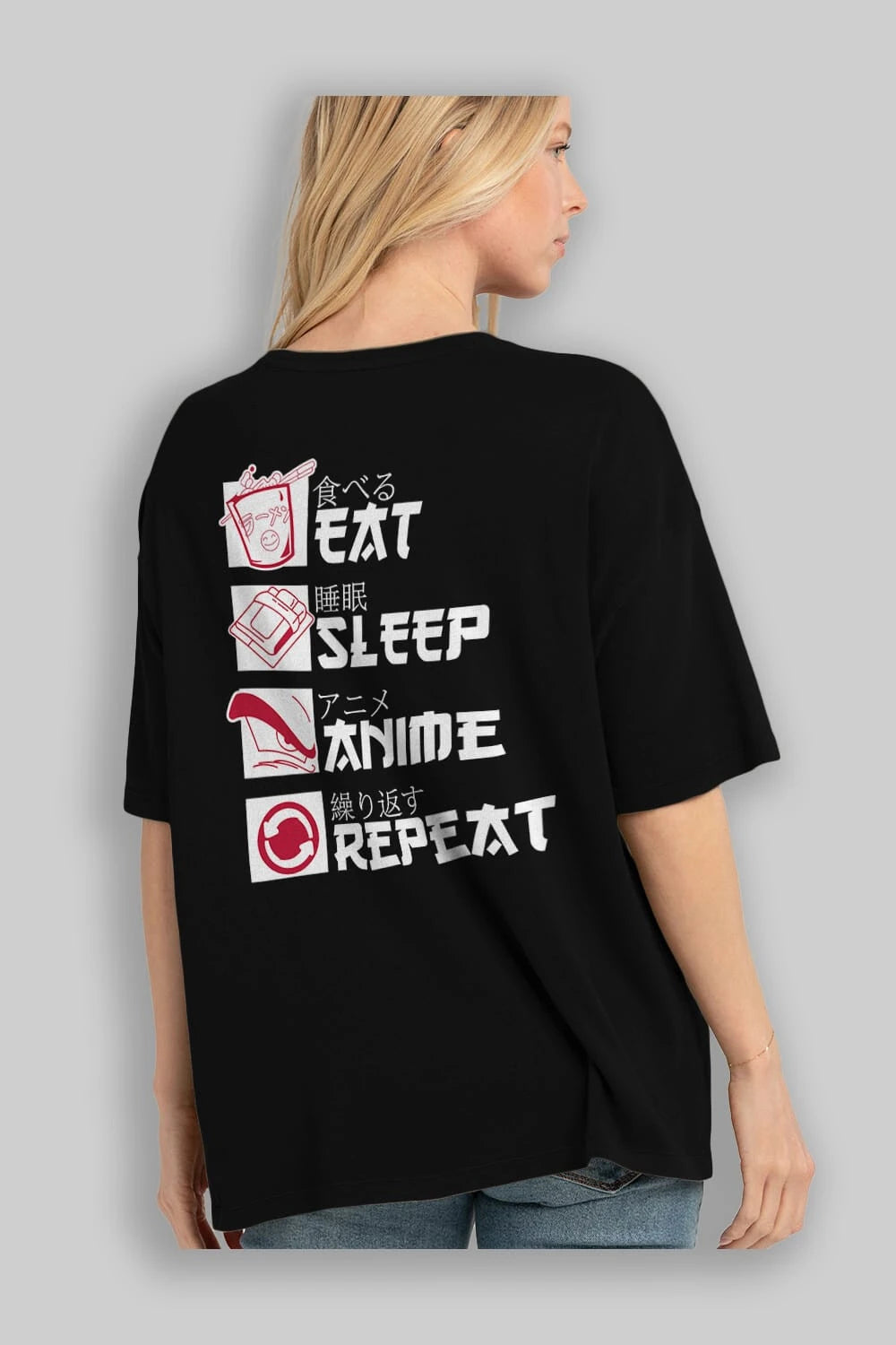 Eat, Sleep, Anime, Repeat Anime Arka Baskılı Oversize t-shirt Erkek Kadın Unisex
