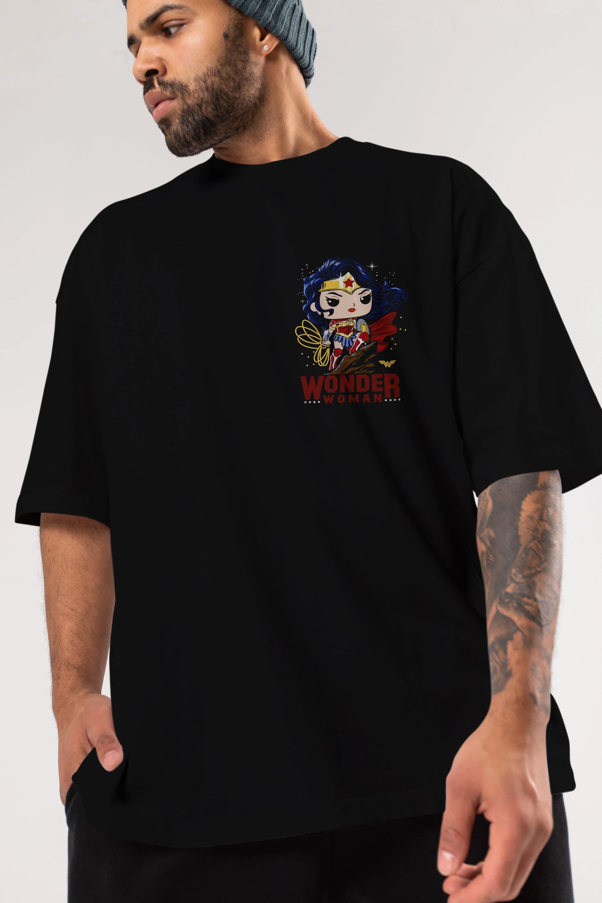 Wonder Woman (2) Ön Sol Baskılı Oversize t-shirt Erkek Kadın Unisex %100 Pamuk Bisiklet Yaka tişort