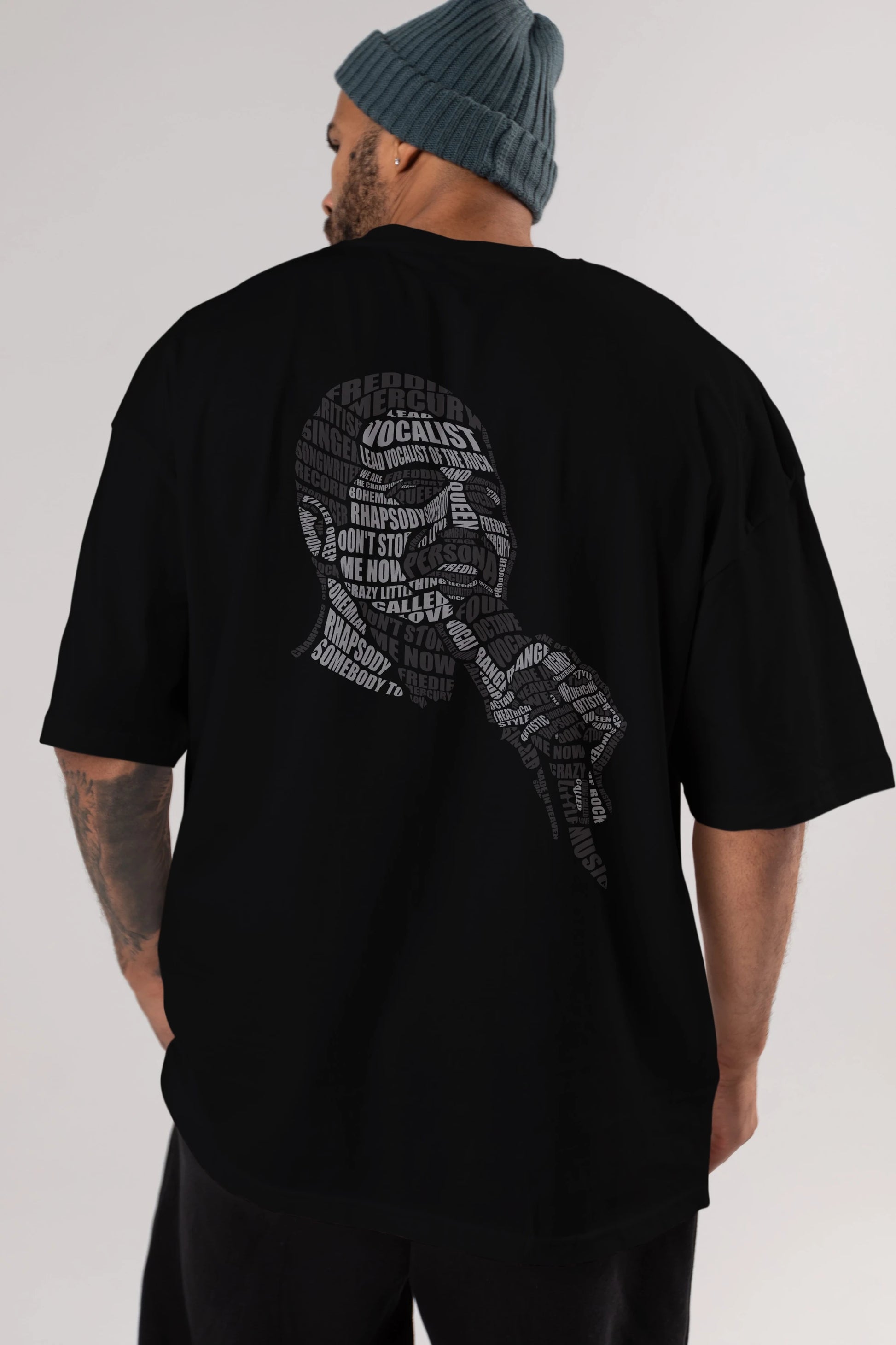 Freddy Mercuri Calligram Arka Baskılı Oversize t-shirt %100 pamuk Erkek Kadın Unisex
