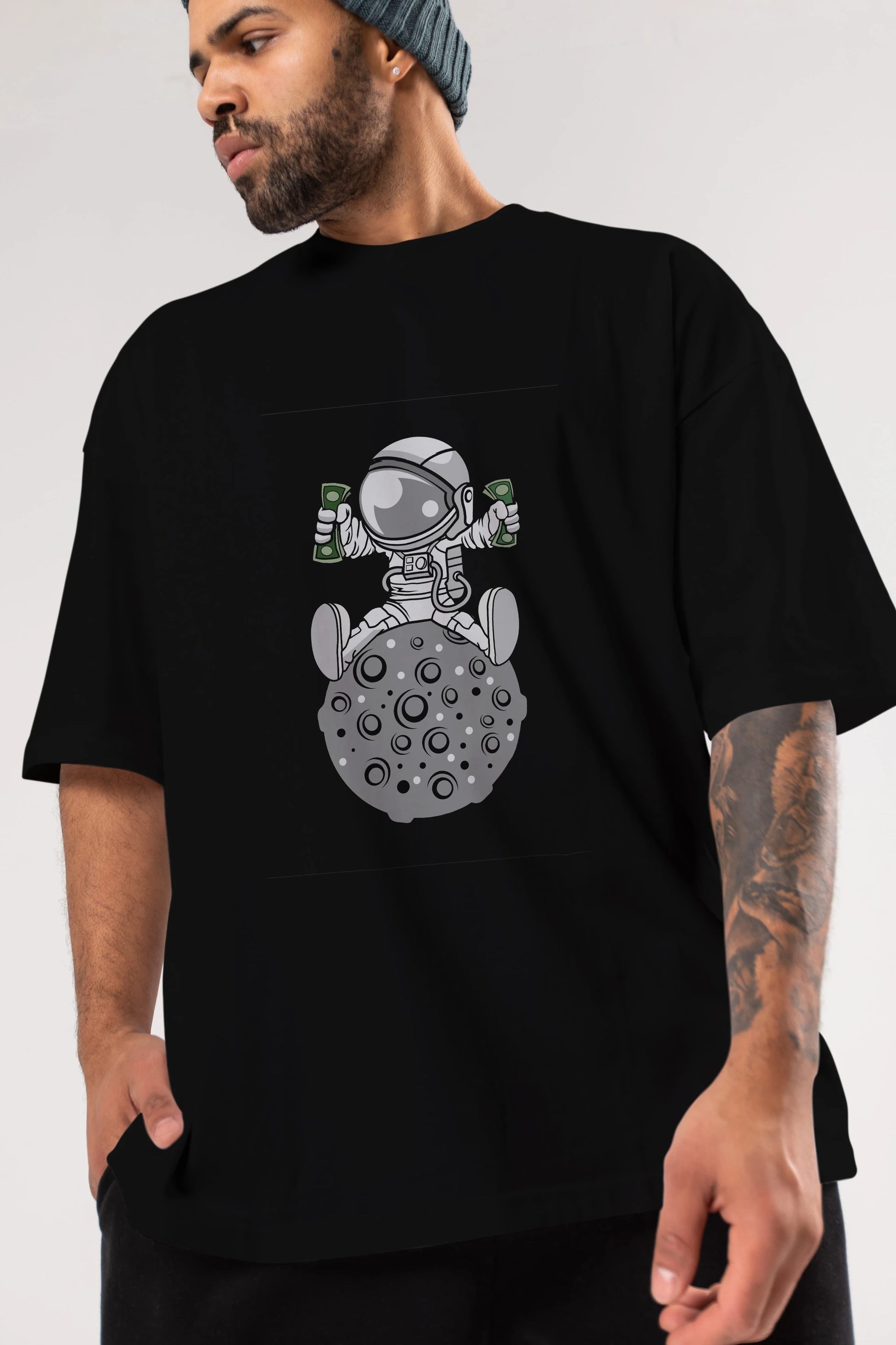 Astronaut Dollar Ön Baskılı Oversize t-shirt Erkek Kadın Unisex %100 Pamuk tişort