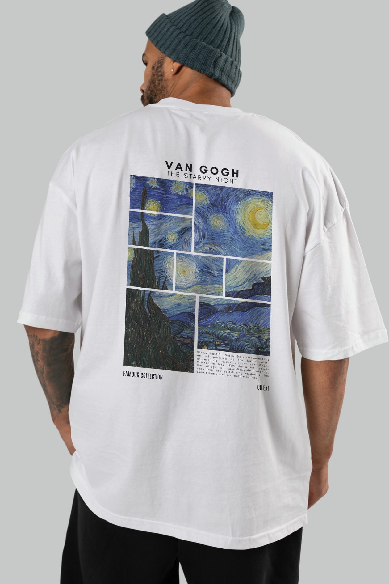Van Gogh The Starry Night Arka Baskılı Oversize t-shirt Erkek Kadın Bisiklet Yaka Pamuk tişort