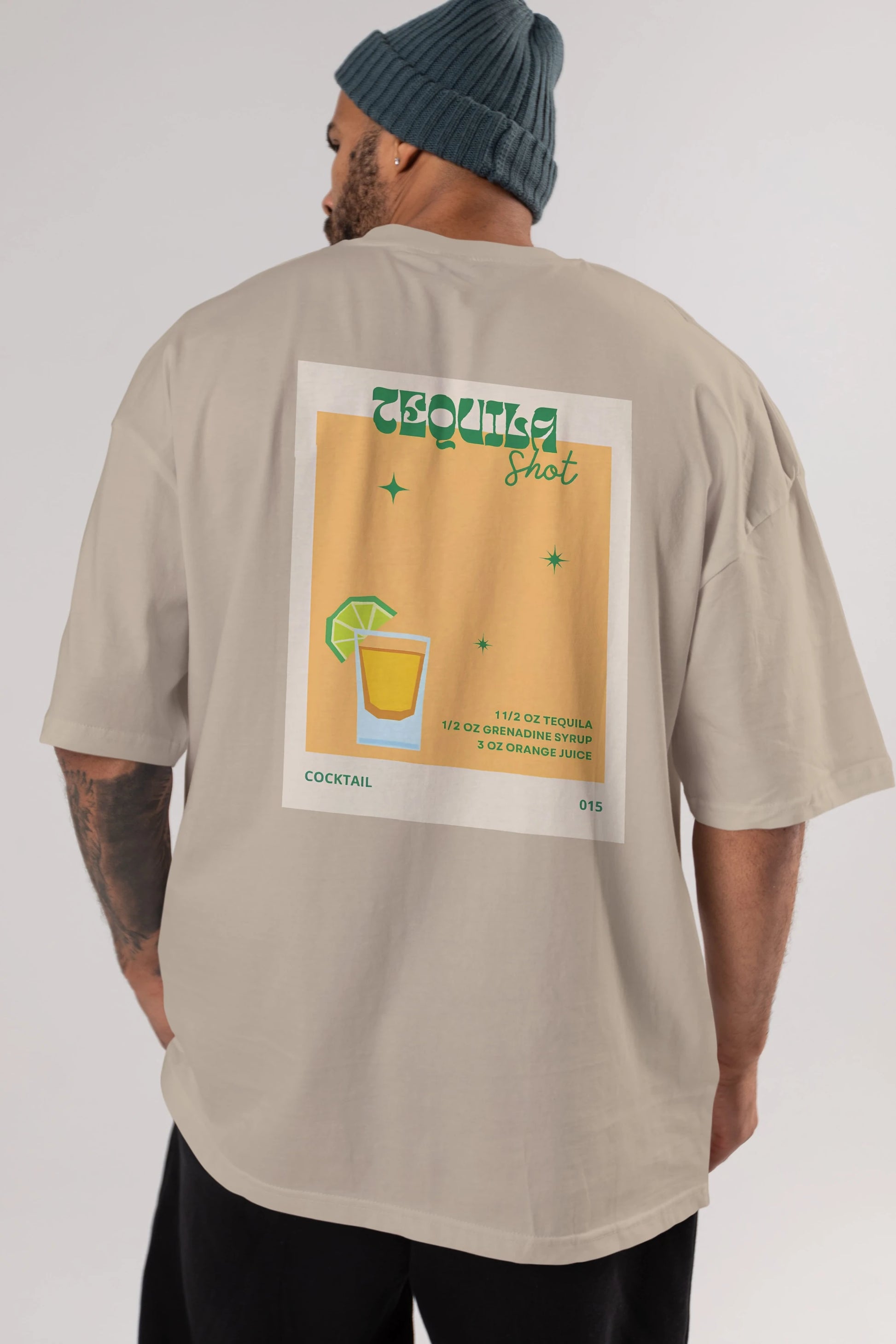 Tequila Shot 2 Arka Baskılı Oversize t-shirt Erkek Kadın Unisex %100 Pamuk Bisiklet Yaka tişort