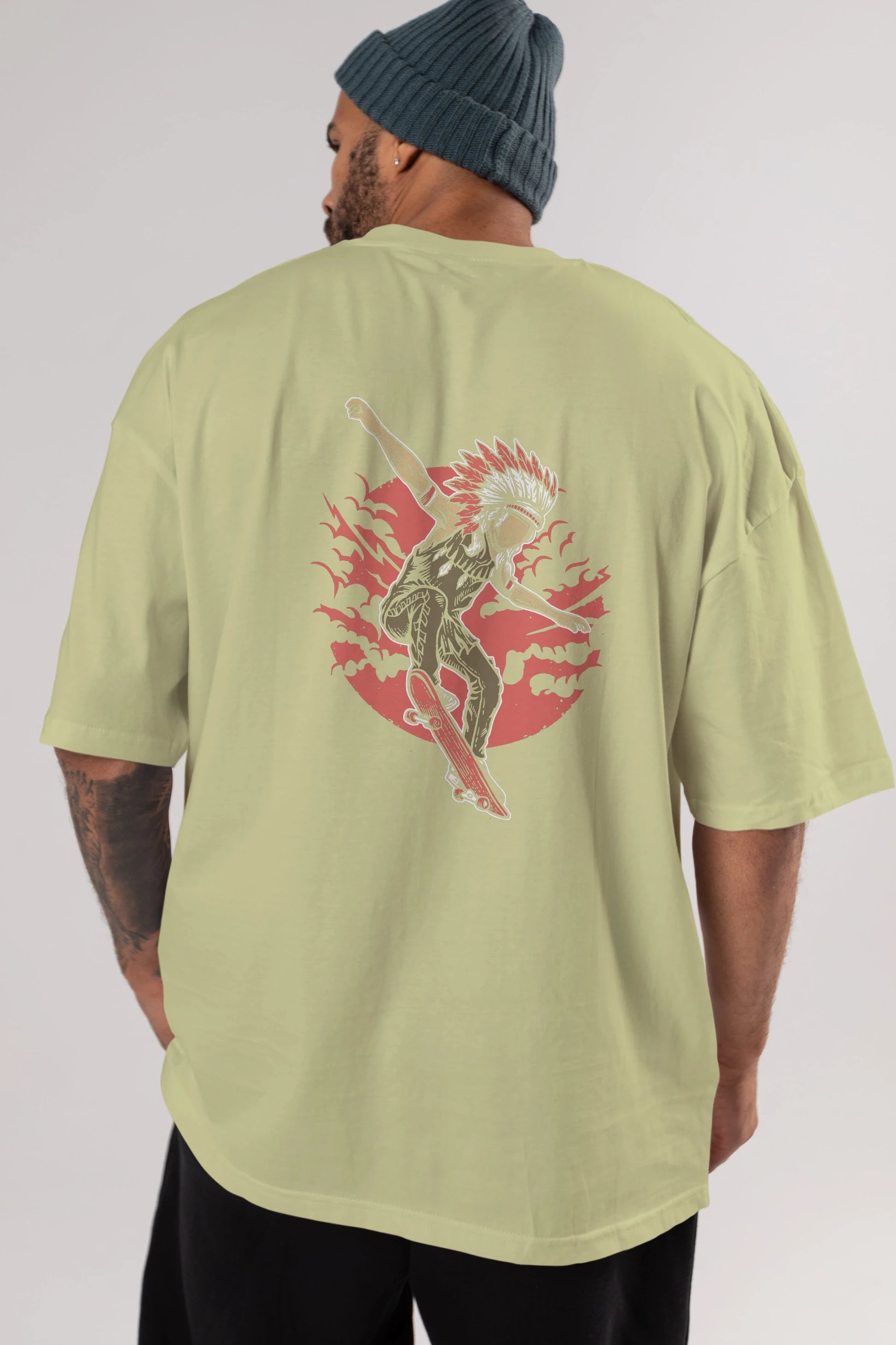 Indian Chief Skateboard Arka Baskılı Oversize t-shirt Erkek Kadın Unisex %100 Pamuk