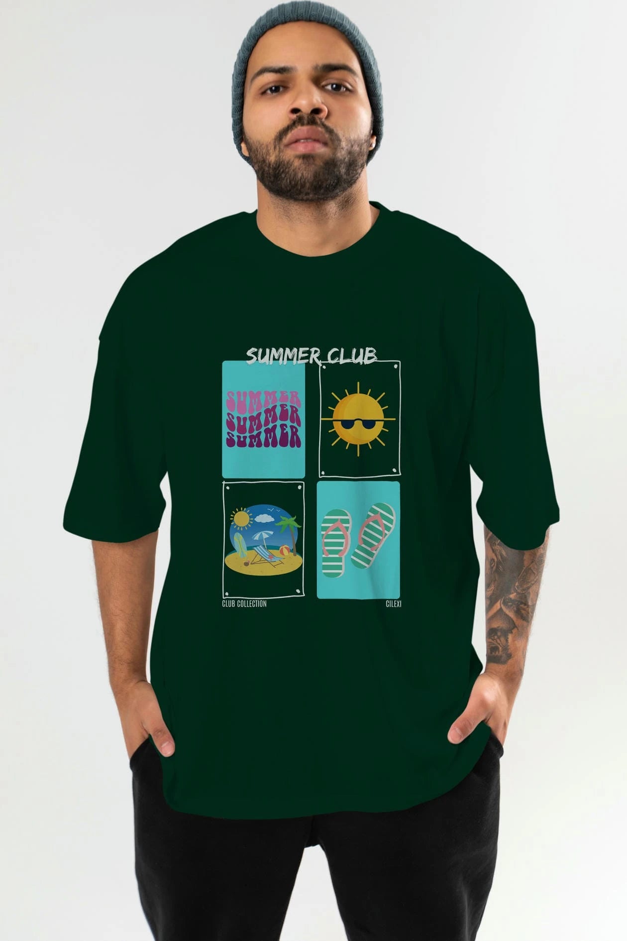 Summer Club ön Baskılı Oversize t-shirt Erkek Kadın %100 Pamuk Bisiklet Yaka tişort