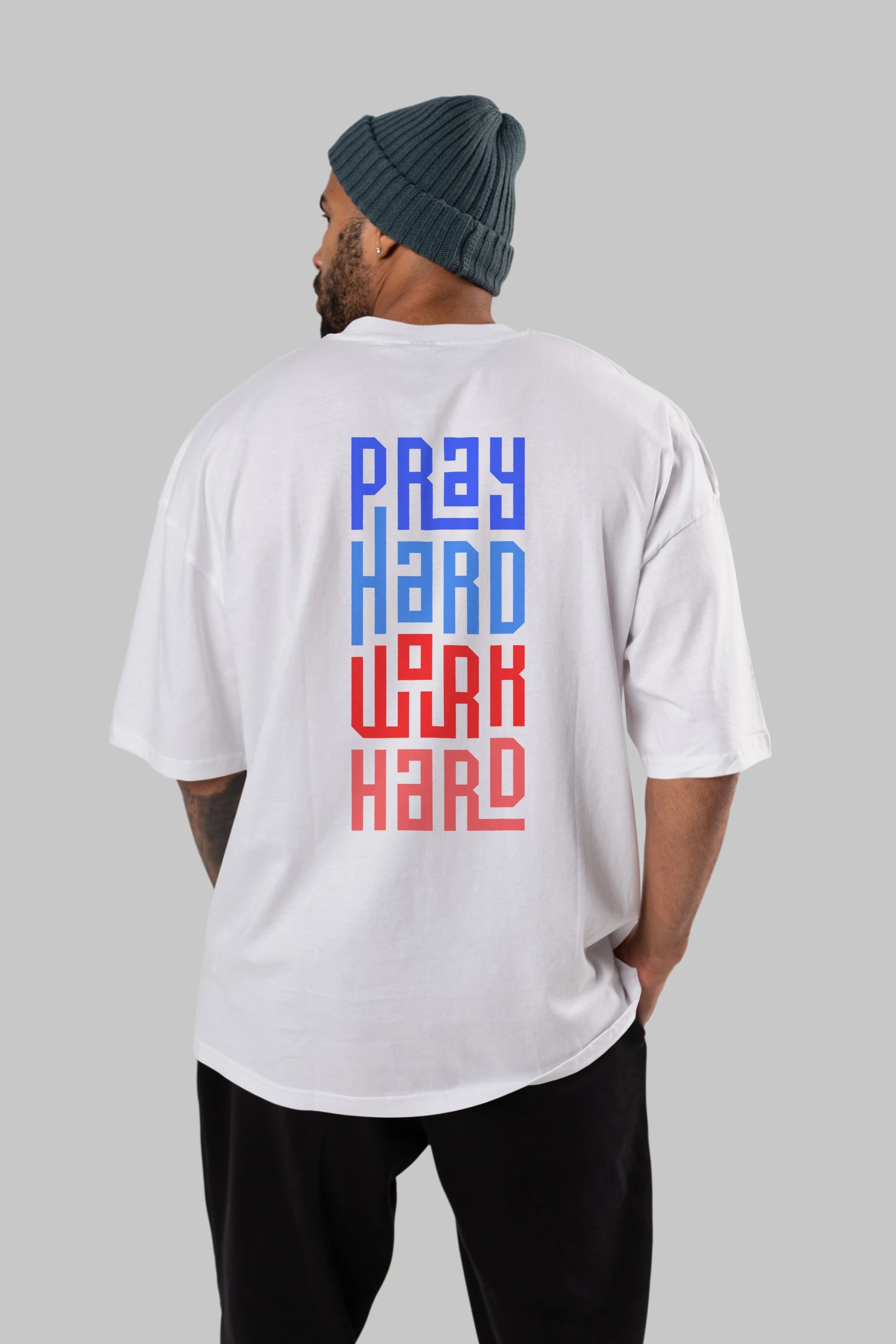 Pray Hard Work Hard Yazılı Arka Baskılı Oversize t-shirt Erkek Kadın Unisex