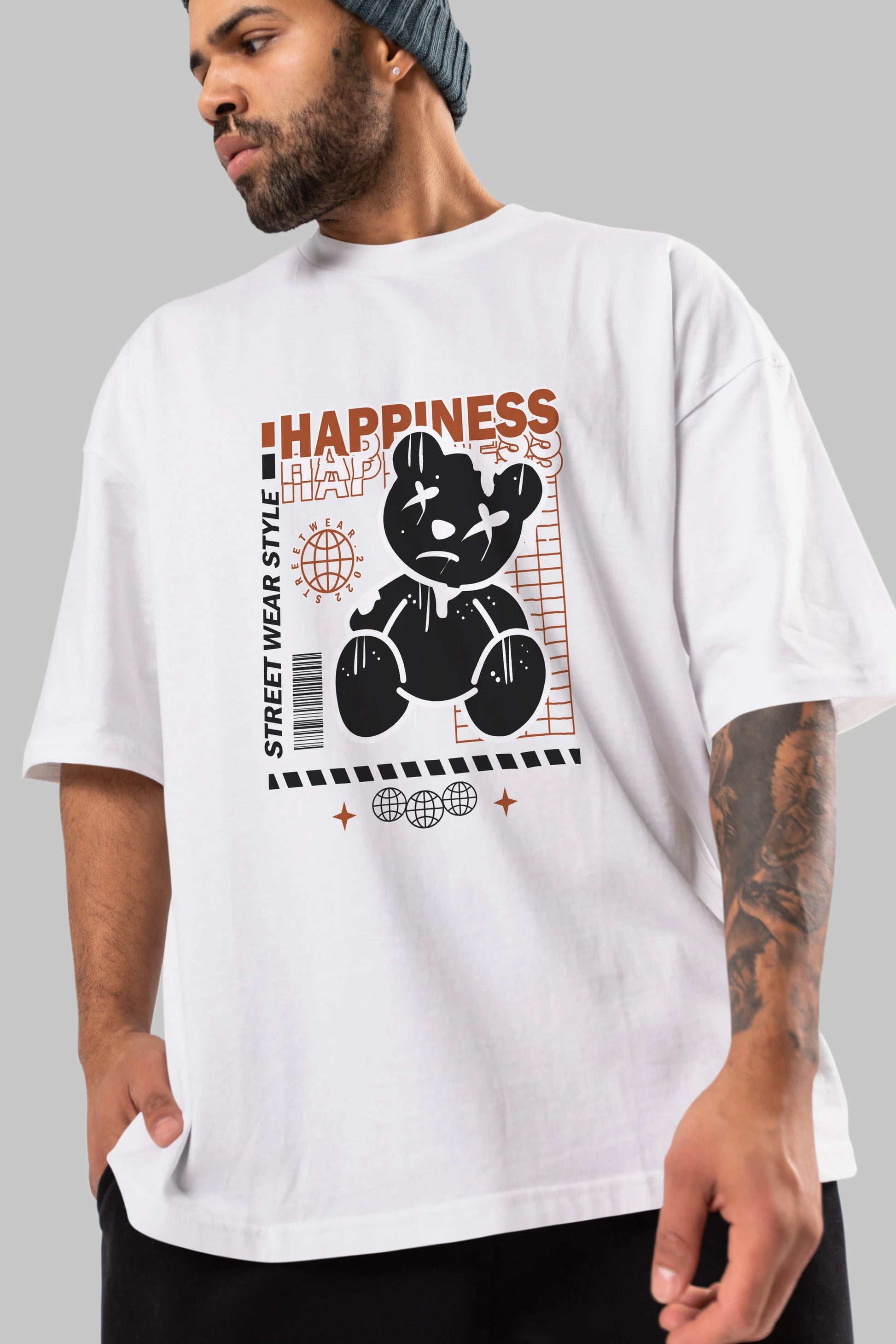 Happiness Bear 2 Ön Baskılı Oversize t-shirt Erkek Kadın Unisex