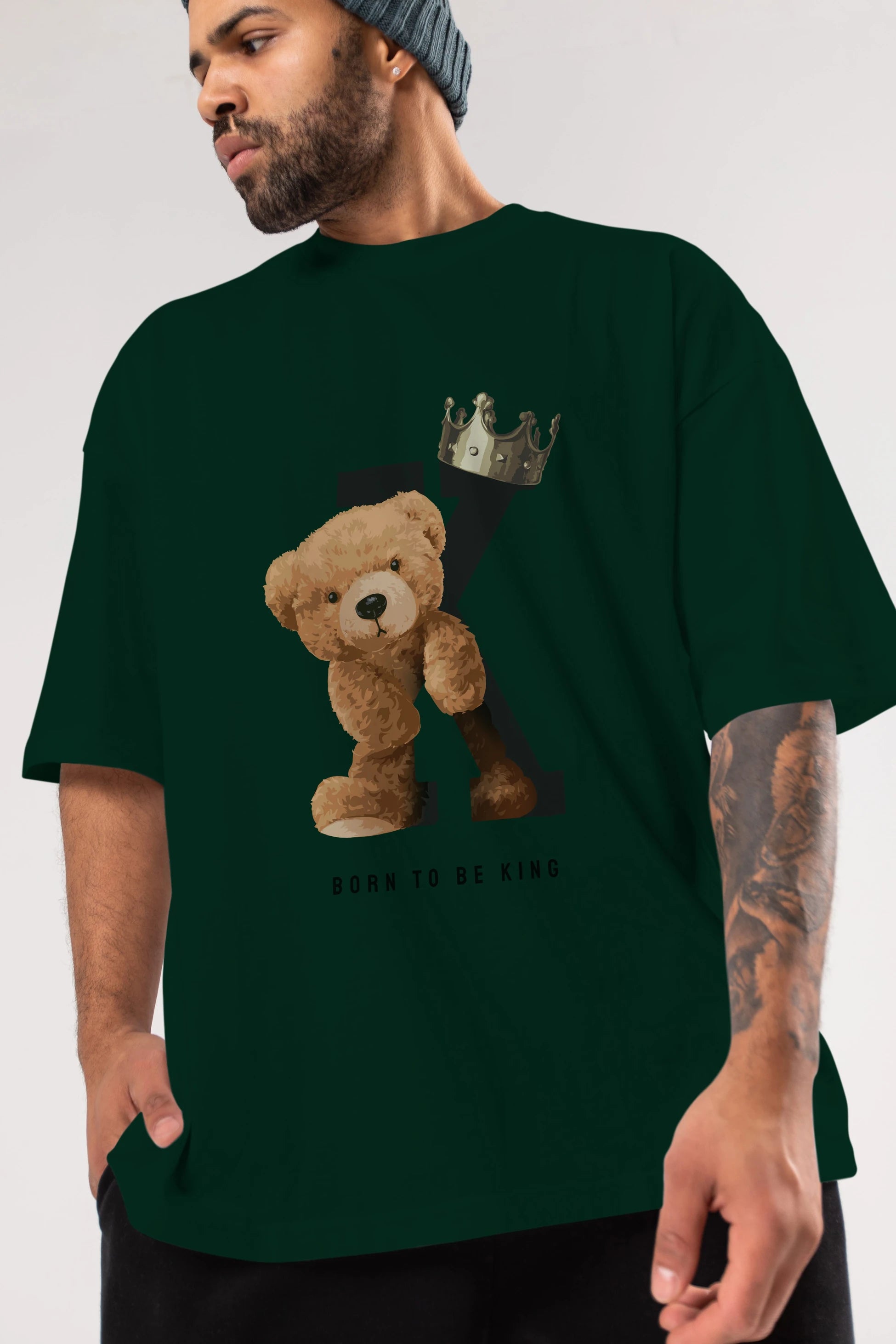 Teddy Bear Born To Be King Ön Baskılı Oversize t-shirt Erkek Kadın Unisex %100 Pamuk