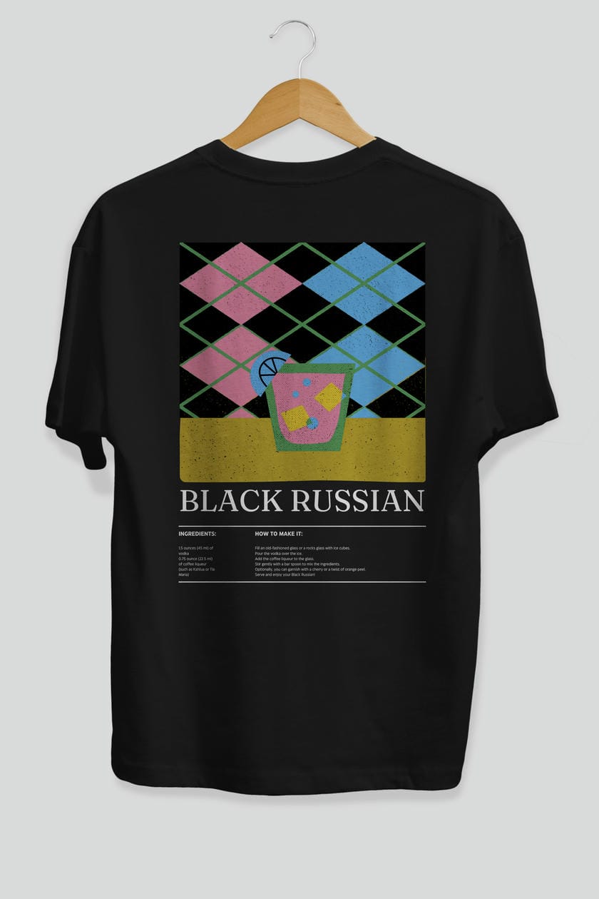 Black Russian Kokteyl Serisi Arka Baskılı Oversize t-shirt Erkek Kadın %100 Pamuk Bisiklet Yaka tişort