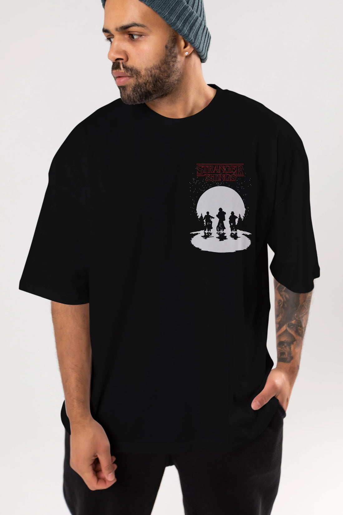 Stranger Things Ön Sol Baskılı Oversize t-shirt Erkek Kadın Unisex %100 Pamuk Bisiklet Yaka tişort