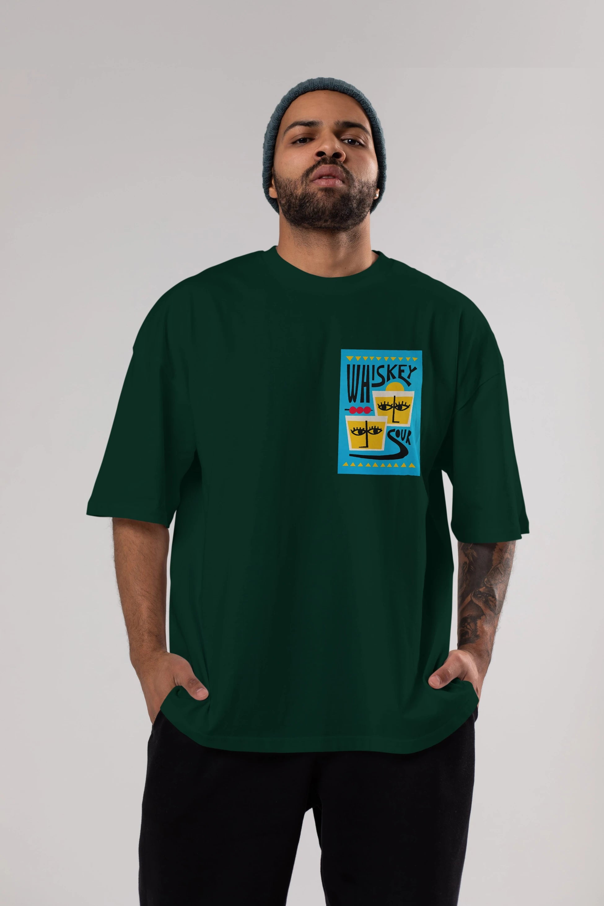 Whiskey Sour 2 Ön Sol Baskılı Oversize t-shirt Erkek Kadın Unisex %100 Pamuk Bisiklet Yaka tişort