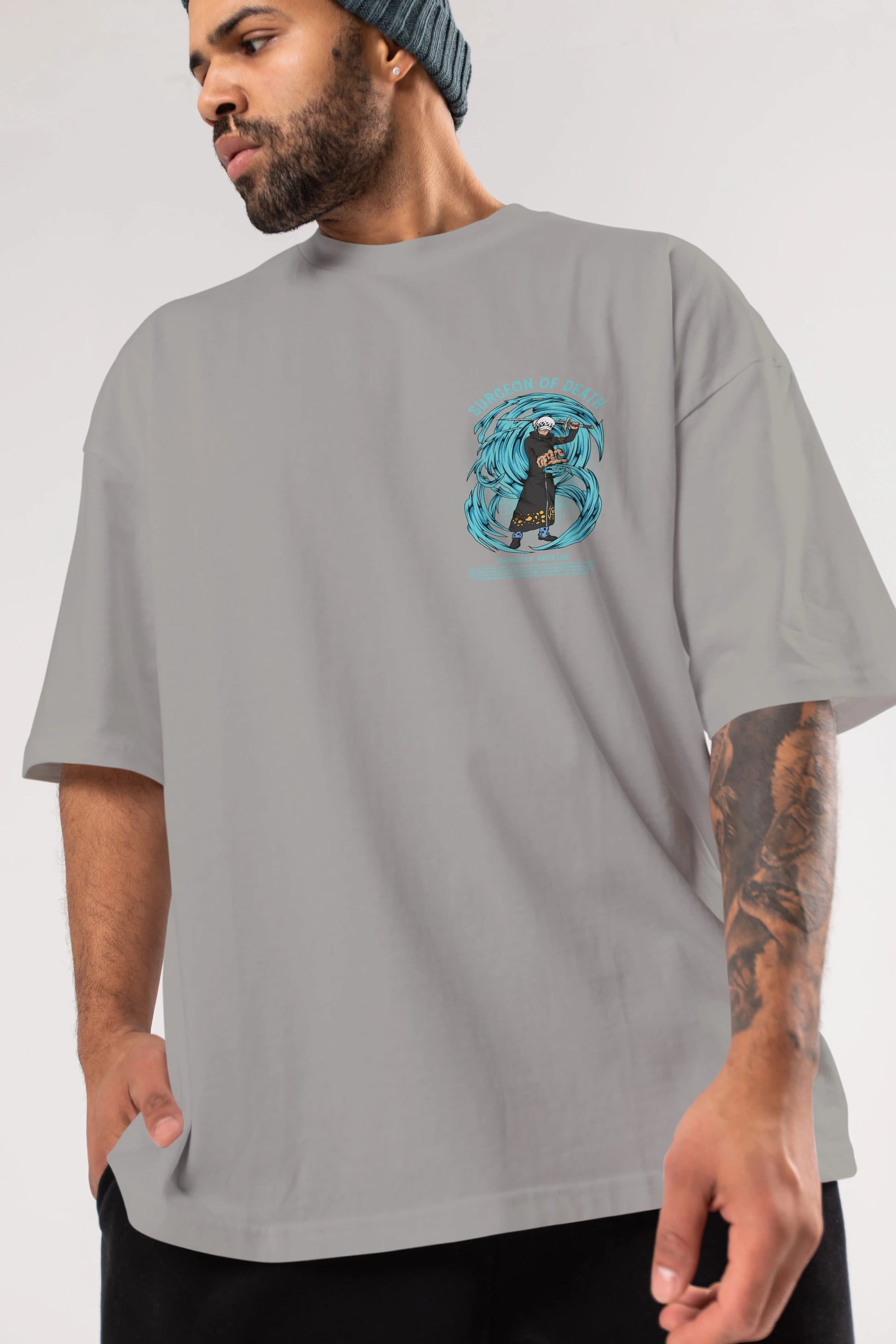 Trafalgad D. Water Law Ön Sol Baskılı Oversize t-shirt Erkek Kadın Unisex %100 Pamuk Bisiklet Yaka tişort