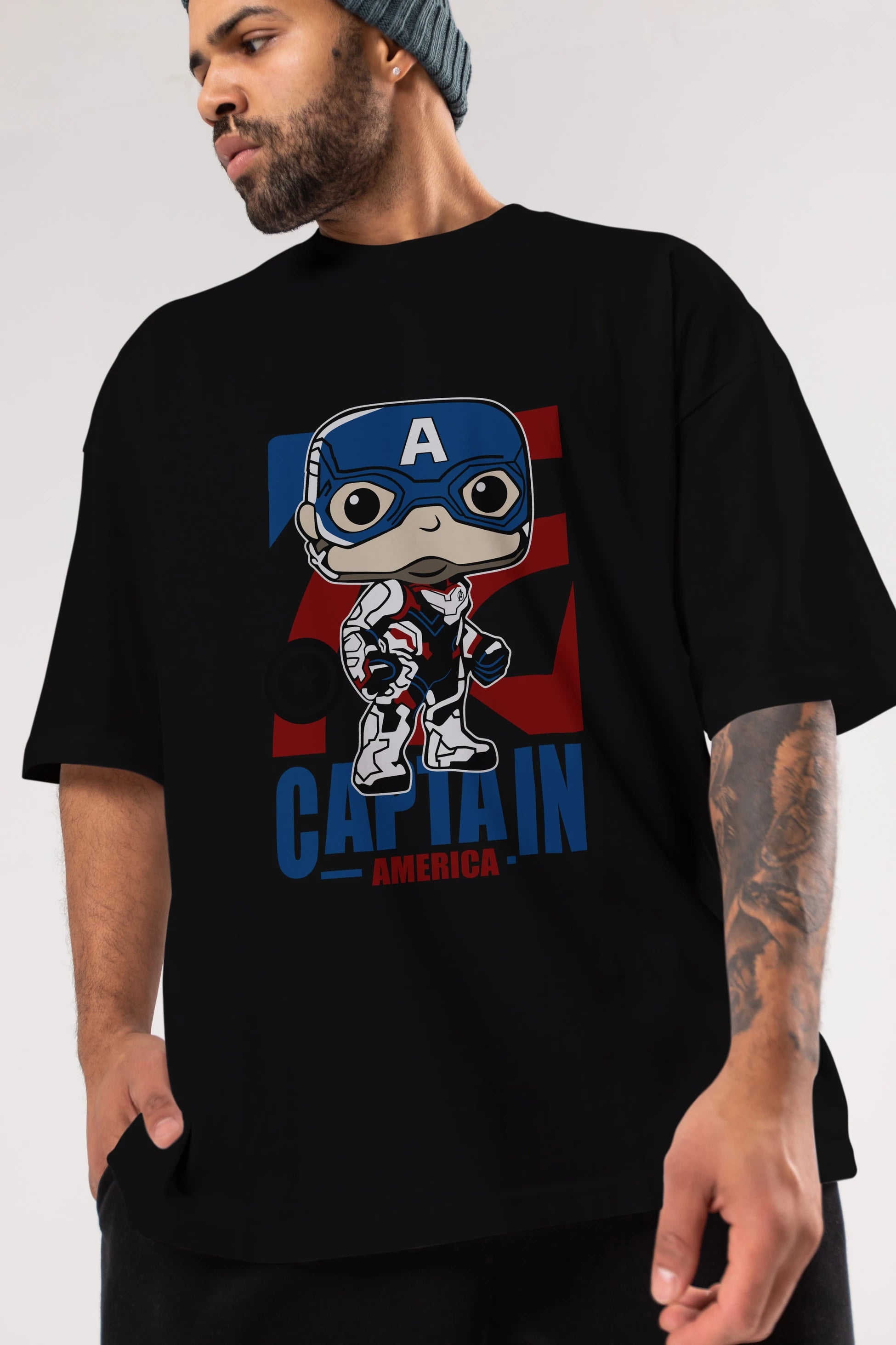 Captain America Ön Baskılı Oversize t-shirt Erkek Kadın Unisex %100 Pamuk Bisiklet Yaka tişort
