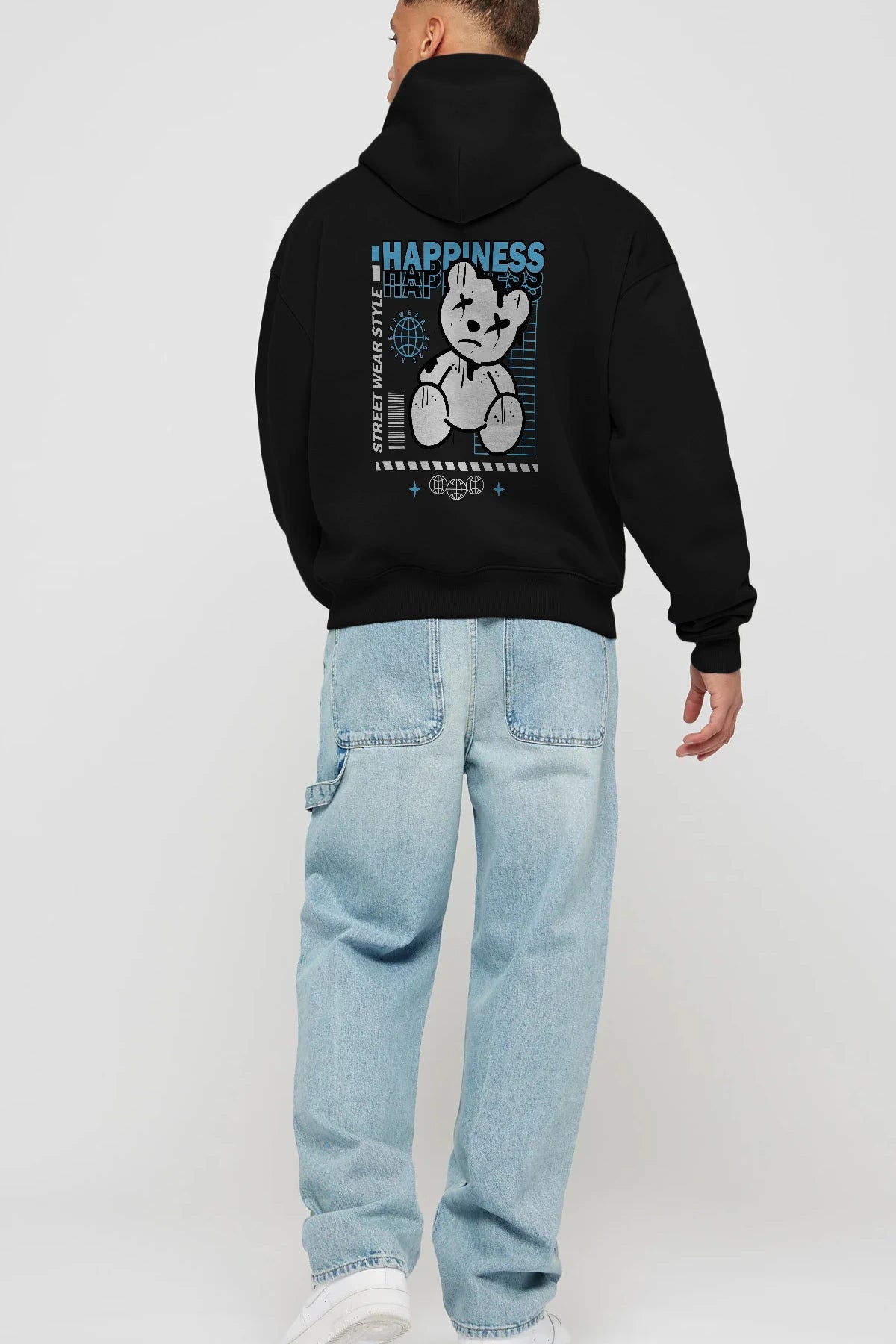 Happiness Bear 2 Arka Baskılı Hoodie Oversize Kapüşonlu Sweatshirt Erkek Kadın Unisex